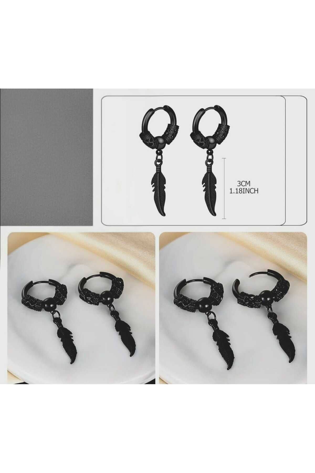 sarıyer silver-Black Colored Steel Hoop Earrings with Feather Figure Lucky Motif Stylish Style Bulk Dragon Embroidered Earrings 3