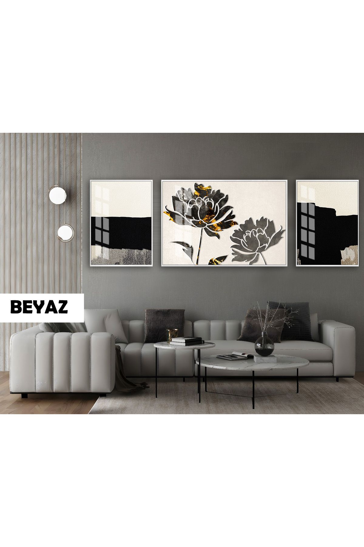 Harikabirev HARİKABİREV|(ABSTRACT) GARDENYA ÇİÇEK MODELİ|ÇERÇEVELİ TEMPERLİ CAM TABLO 3LÜ YATAY