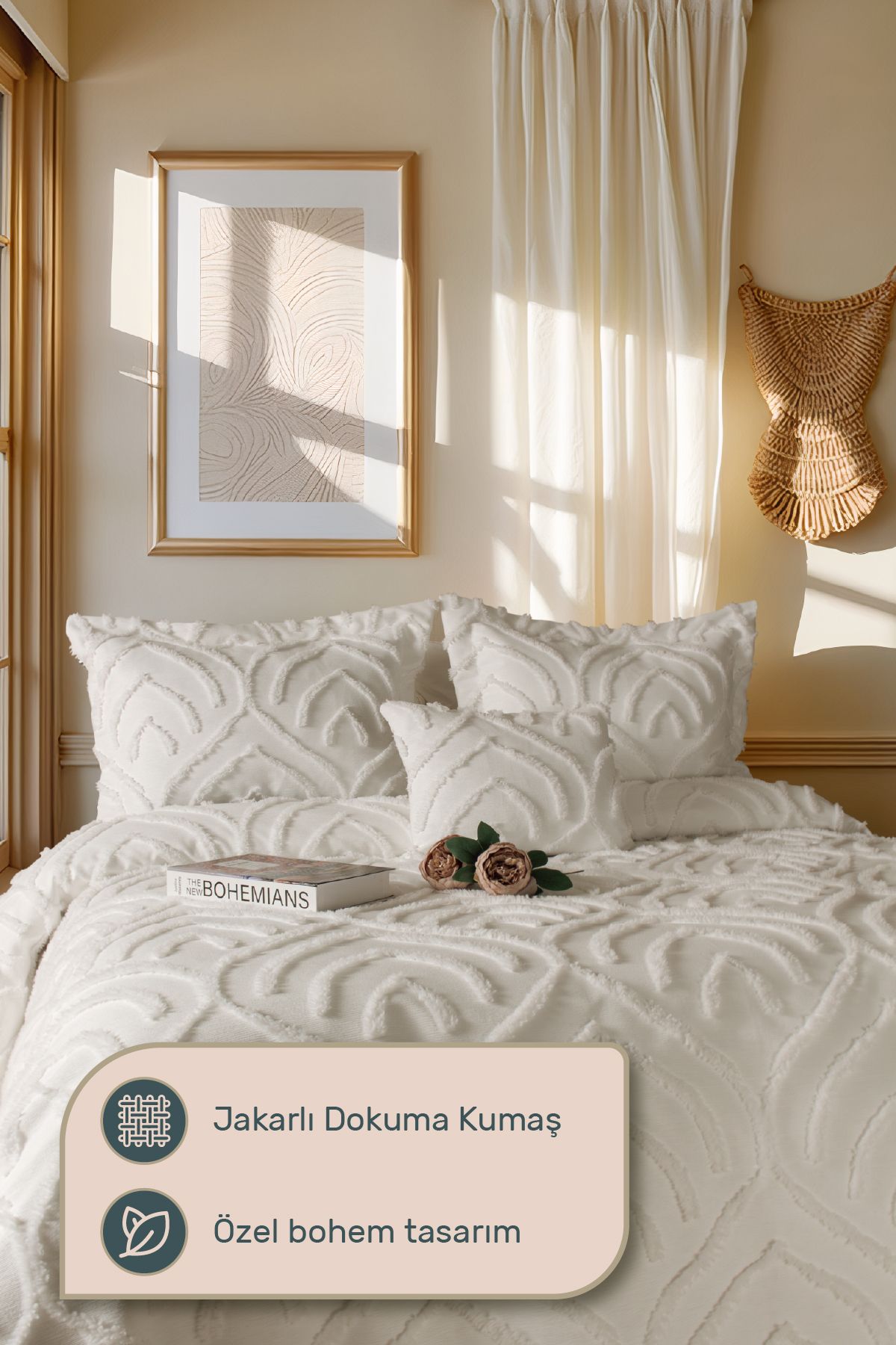 Odamoda-Jun Double Bedspread Set Ecru - Nordic Bohemian Tassel Cover Set - Stylish Box and Package 4