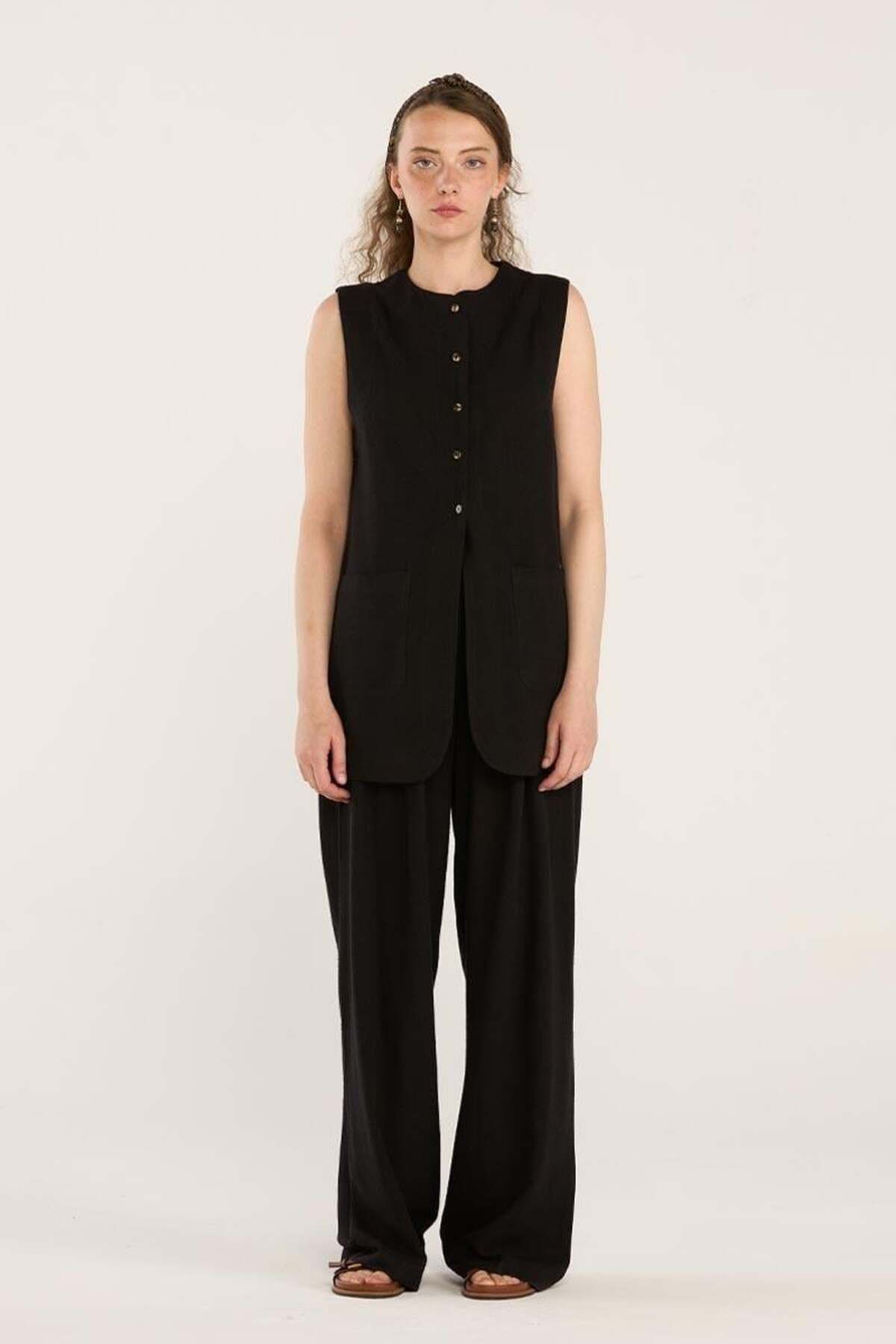ALYOSHA FASHION Naturel Dokulu Keten Yelek Siyah