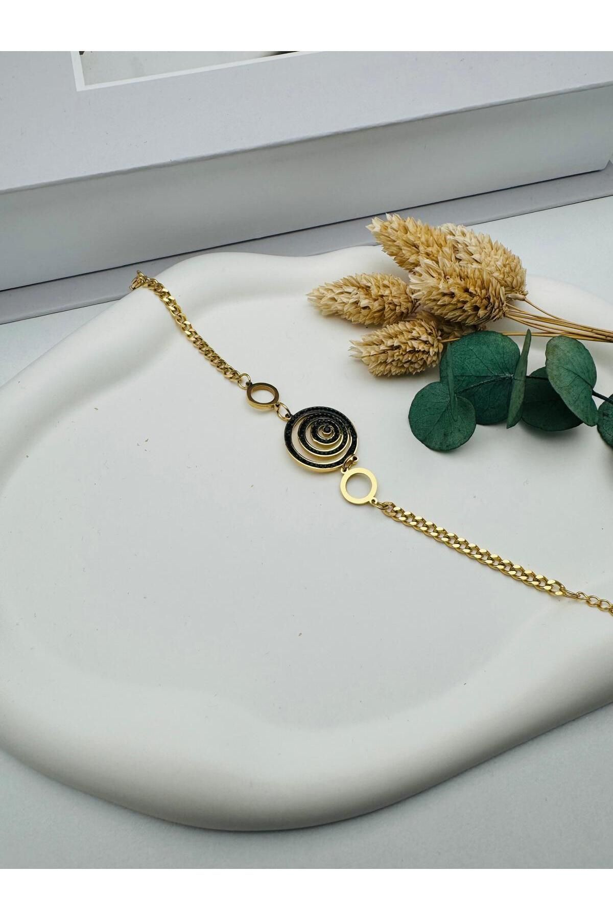 HEDİYELANDY Siyah Taşlı Çelik Bileklik (Gold) Blk 211167