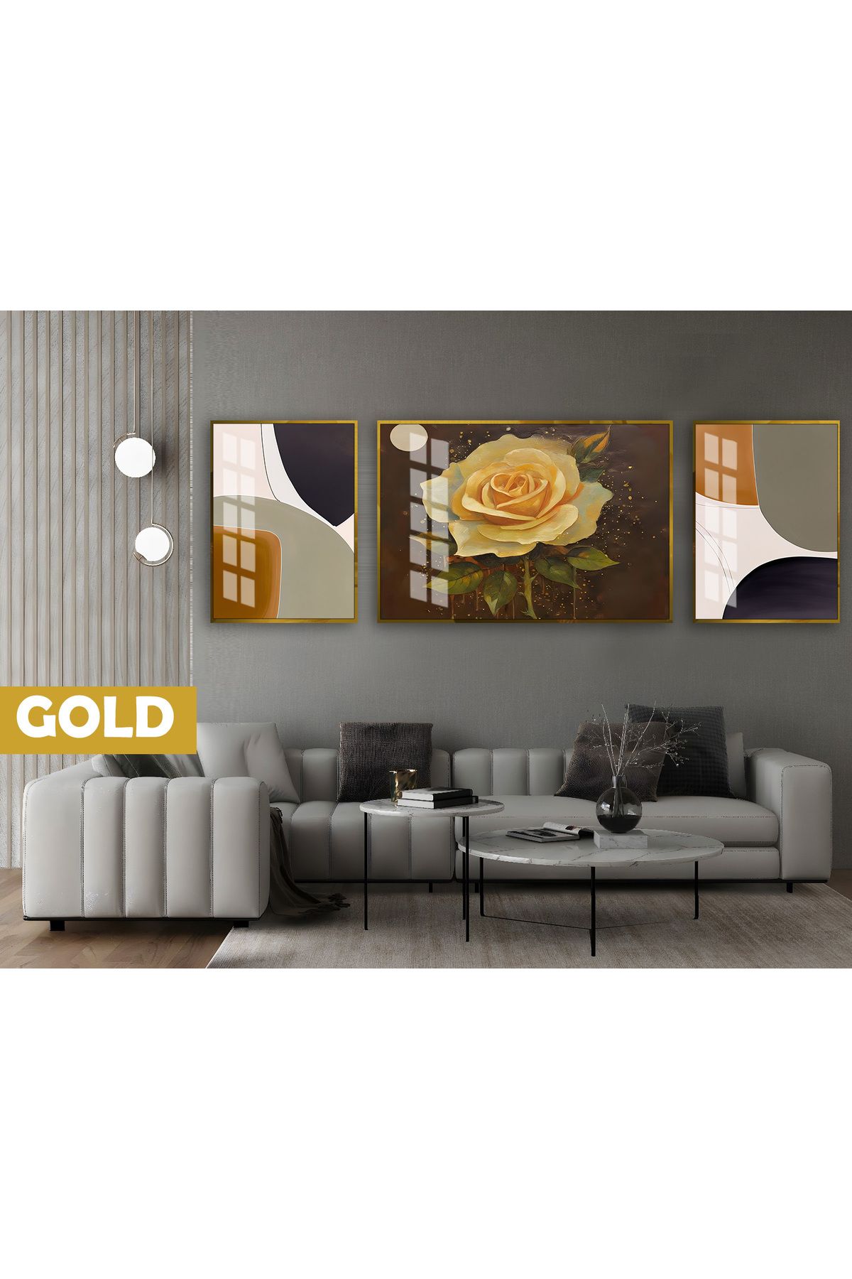 Harikabirev HARİKABİREV|(ABSTRACT) GÜL SOYUT MODEL |ÇERÇEVELİ TEMPERLİ CAM TABLO 3LÜ YATAY