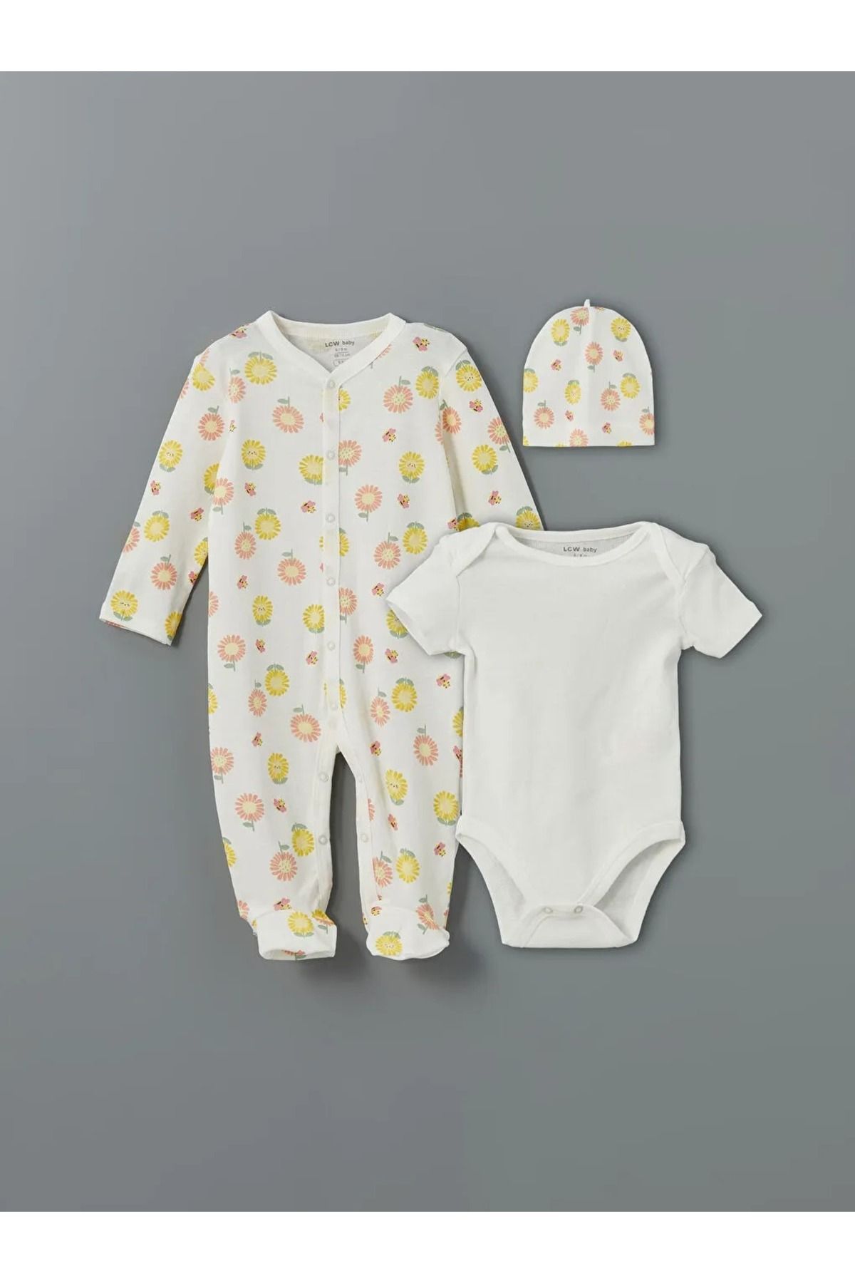 LC Waikiki LCW baby Ekru V Yaka Çiçekli Kız Bebek Hastane Çıkış Seti