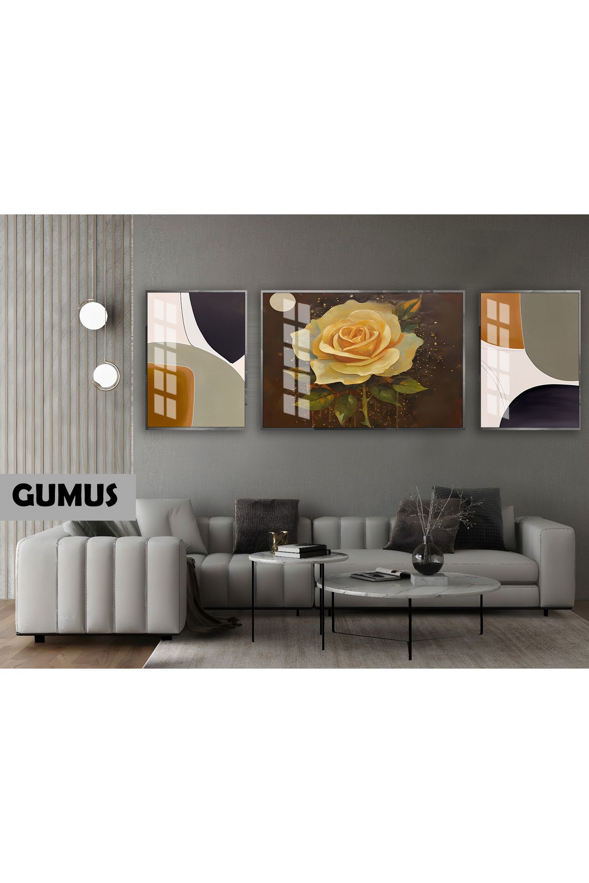 Harikabirev HARİKABİREV|(ABSTRACT) GÜL SOYUT MODEL |ÇERÇEVELİ TEMPERLİ CAM TABLO 3LÜ YATAY