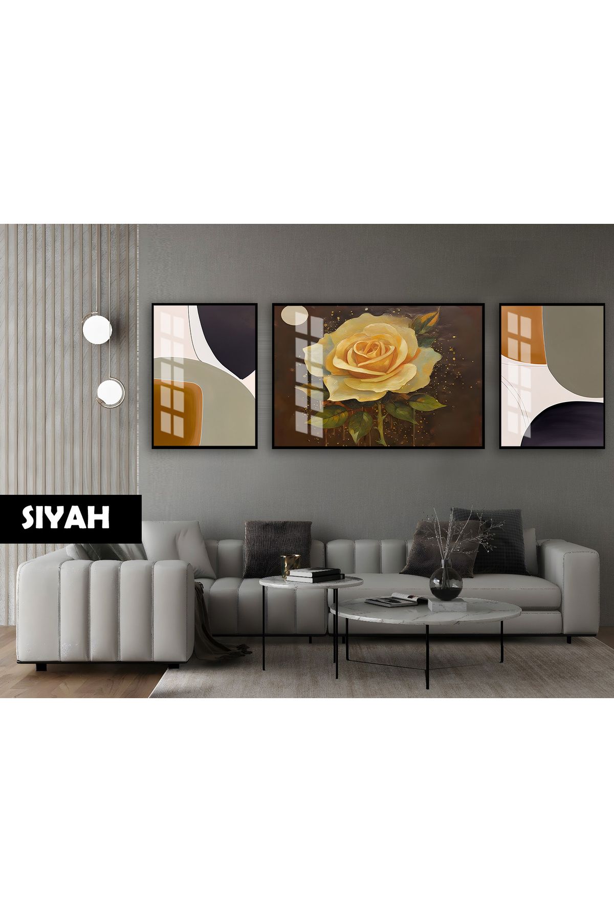 Harikabirev HARİKABİREV|(ABSTRACT) GÜL SOYUT MODEL |ÇERÇEVELİ TEMPERLİ CAM TABLO 3LÜ YATAY