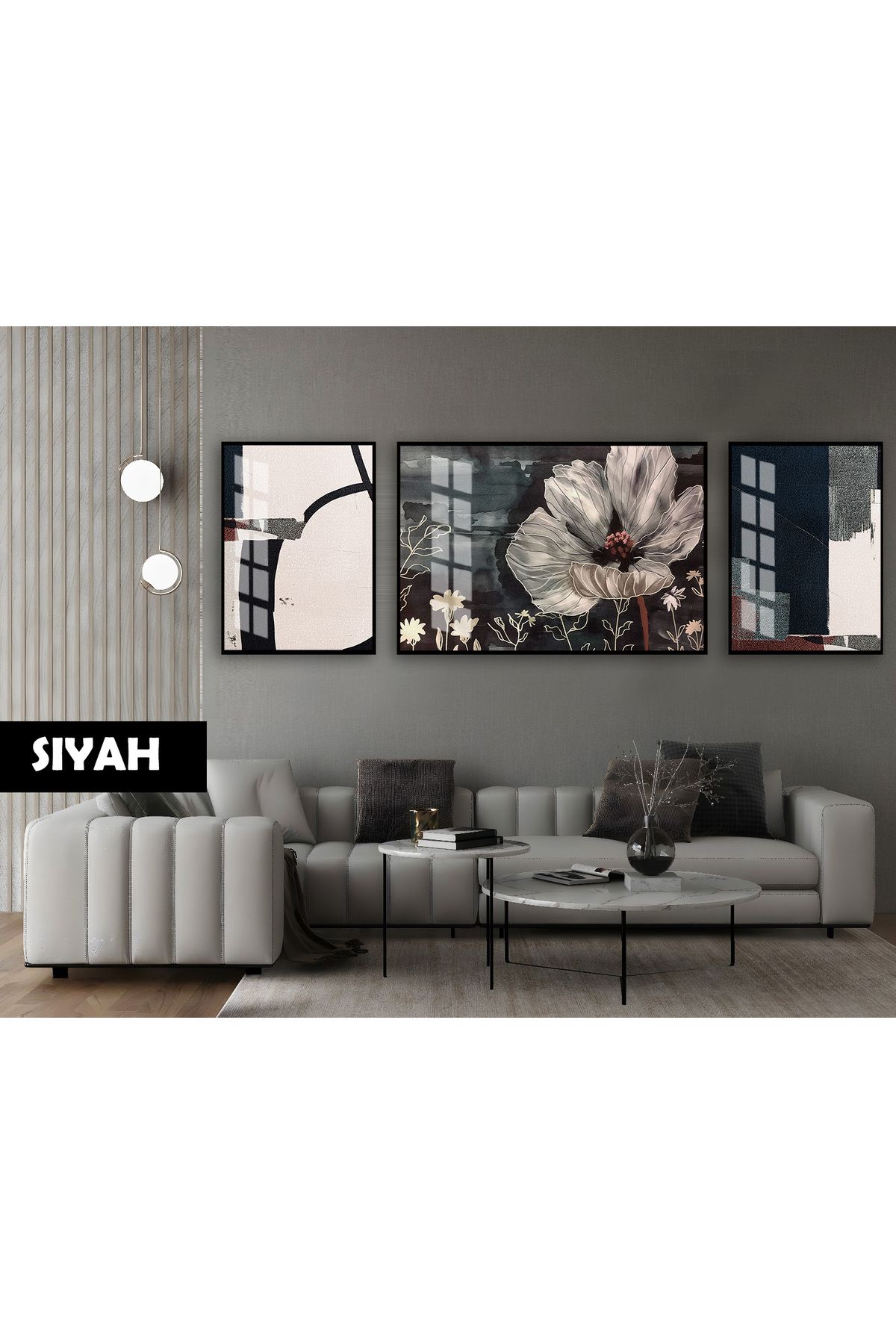 Harikabirev HARİKABİREV|(ABSTRACT) BOTANİK-ELEGANT ÇİÇEK MODELİ|ÇERÇEVELİ TEMPERLİ CAM TABLO 3LÜ YATAY