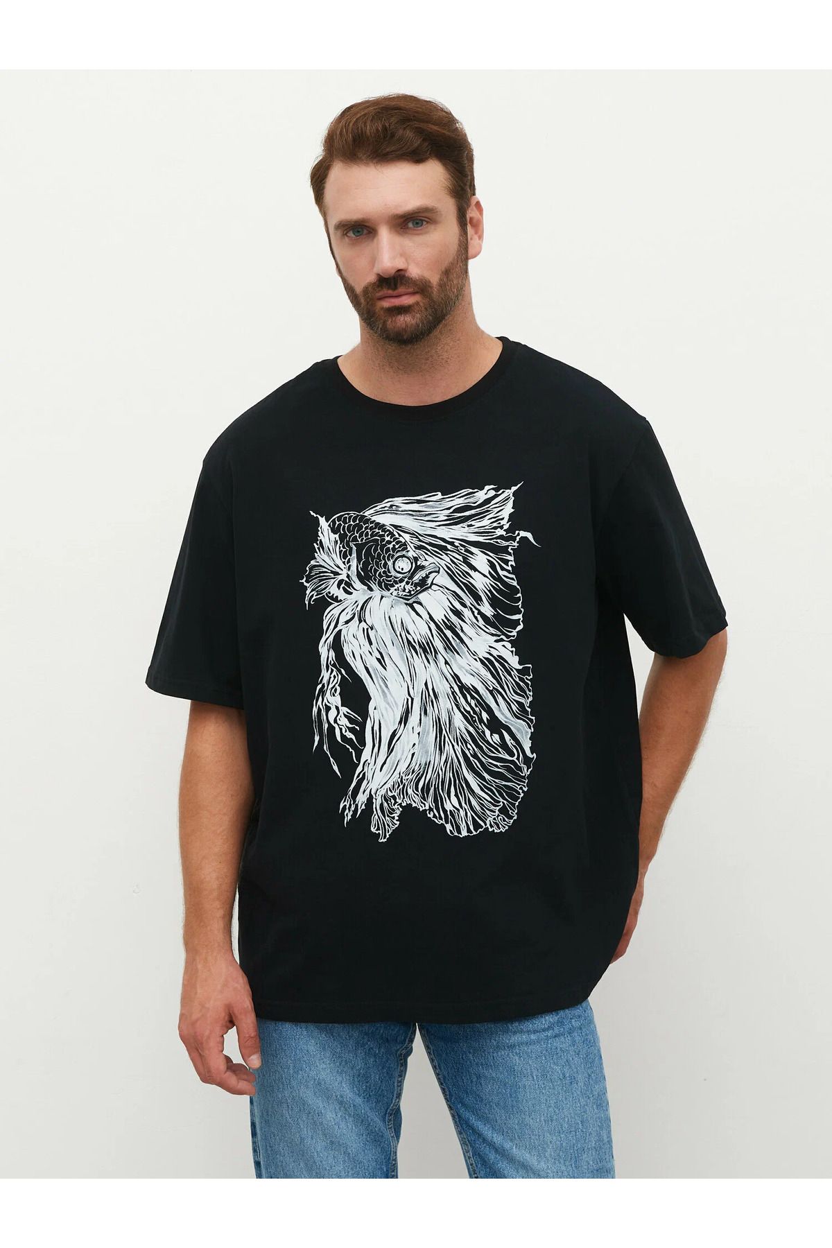ELNOYA Unisex Pamuklu Siyah Oversize "Balık" Baskılı Bisiklet Yaka Rahat T-shirt