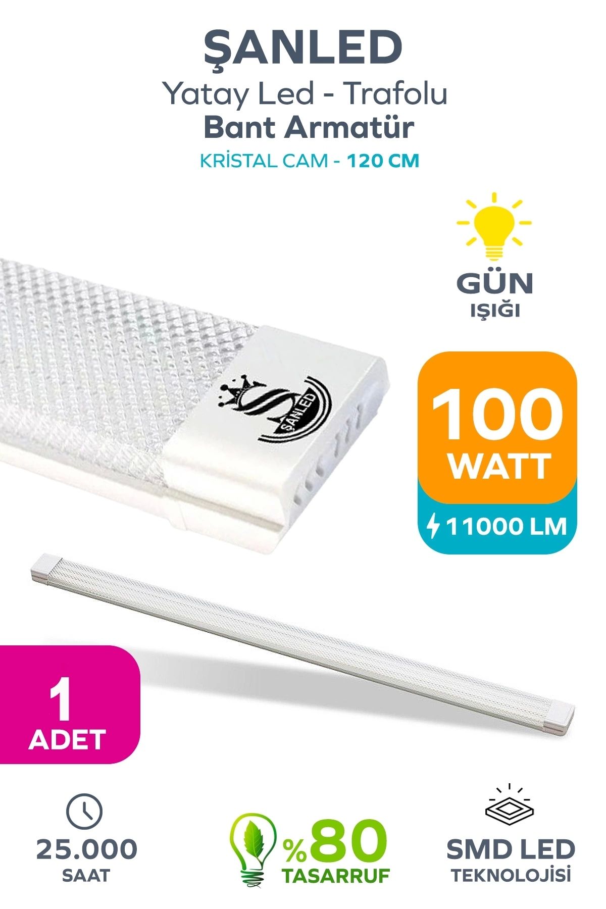 ŞANLED 100wat 120 Cm Kristal Yatay Led Bant Armatür-trafolu Gün Işığı 1 Adettir