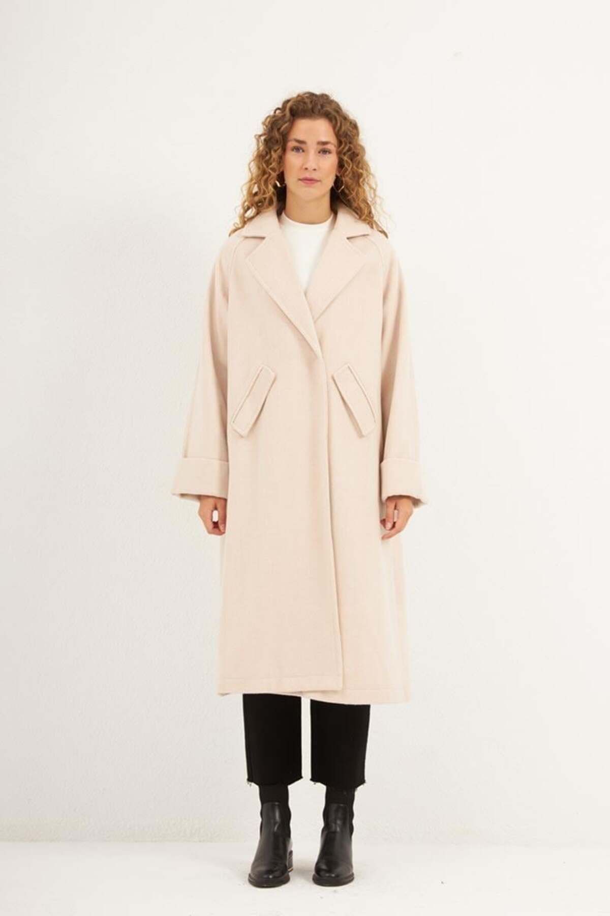 ALYOSHA FASHION Balıksırtı Desen Kaban Krem