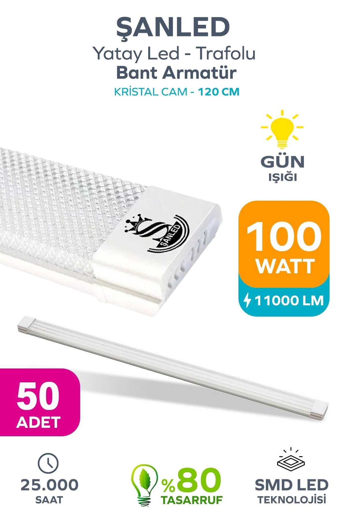ŞANLED 100wat 120 Cm Kristal Yatay Led Bant Armatür-trafolu Gün Işığı 50 Adettir