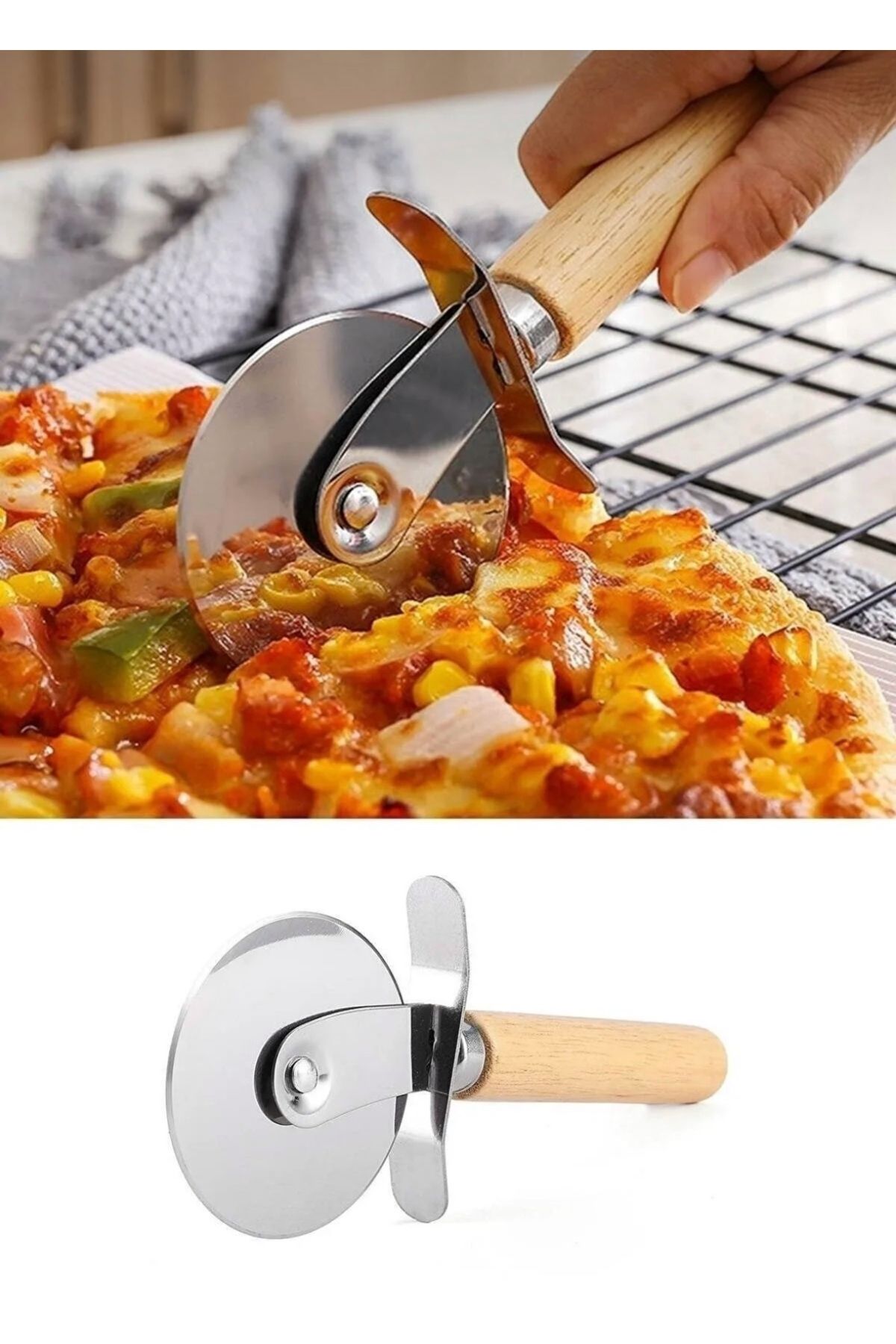 CEZVE HOME Ahşap Saplı Çelik Bıçaklı Pizza Hamur ve Börek Kesici Pizza Ruleti
