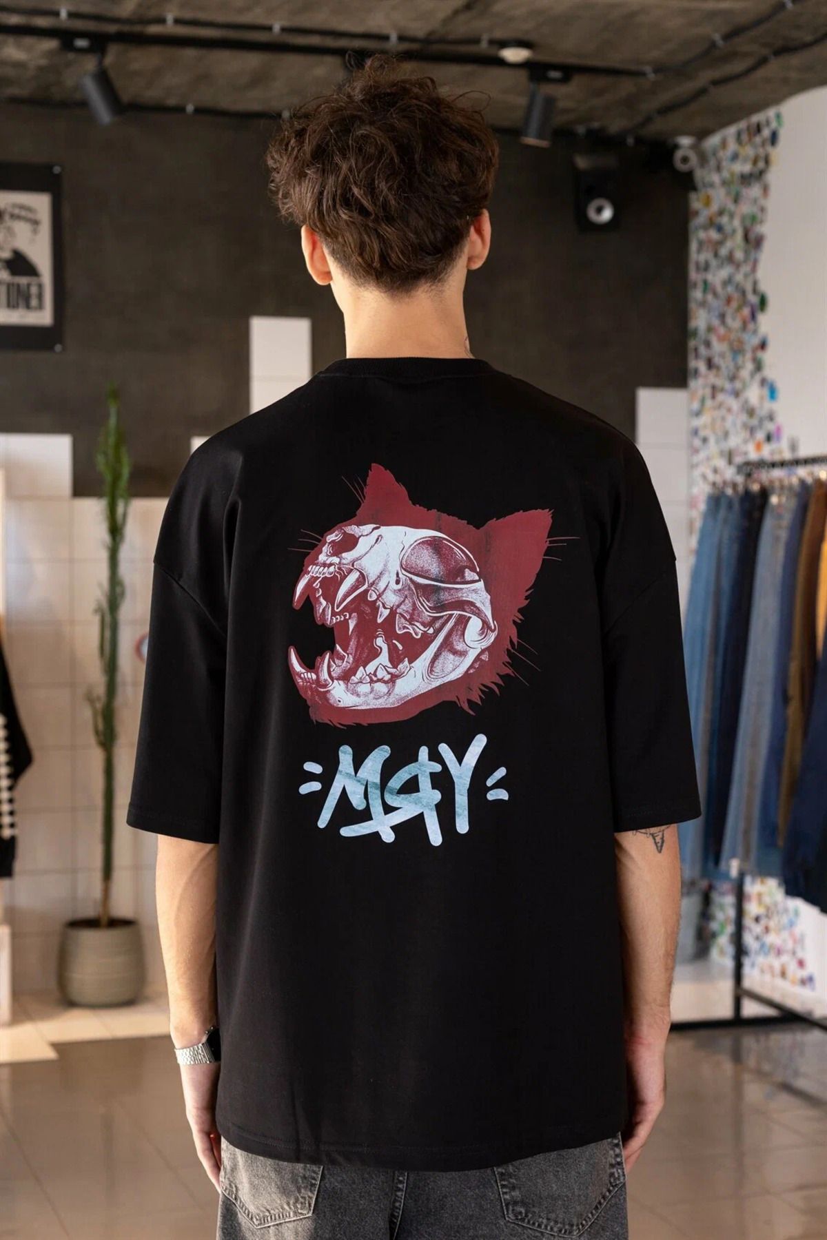 ELNOYA Unisex Pamuklu Siyah Oversize "May" Baskılı Bisiklet Yaka Rahat T-shirt
