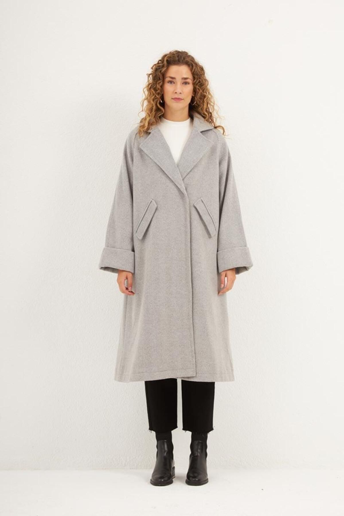ALYOSHA FASHION Balıksırtı Desen Kaban Açık gri