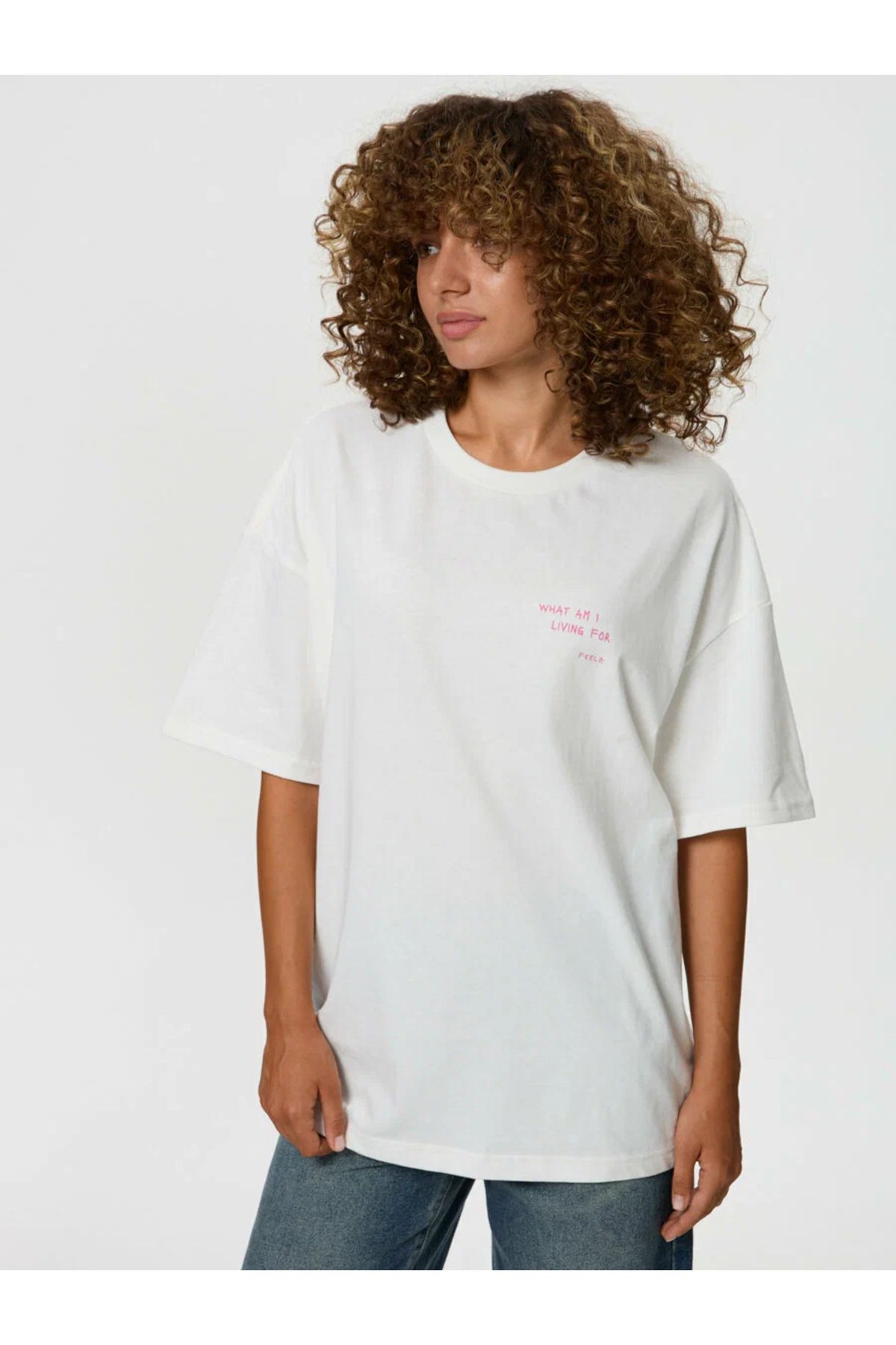 ELNOYA Unisex Pamuklu Oversize "What Am I Living For" Baskılı Bisiklet Yaka Rahat T-shirt