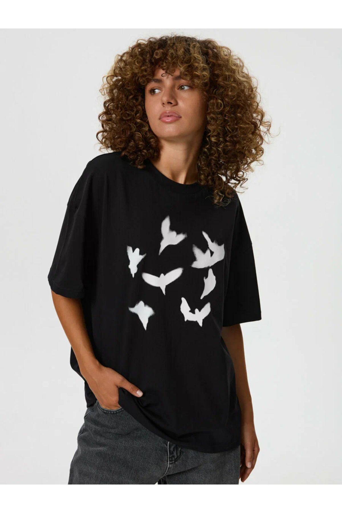 ELNOYA Unisex Pamuklu Siyah Oversize "Kuş" Baskılı Bisiklet Yaka Rahat T-shirt