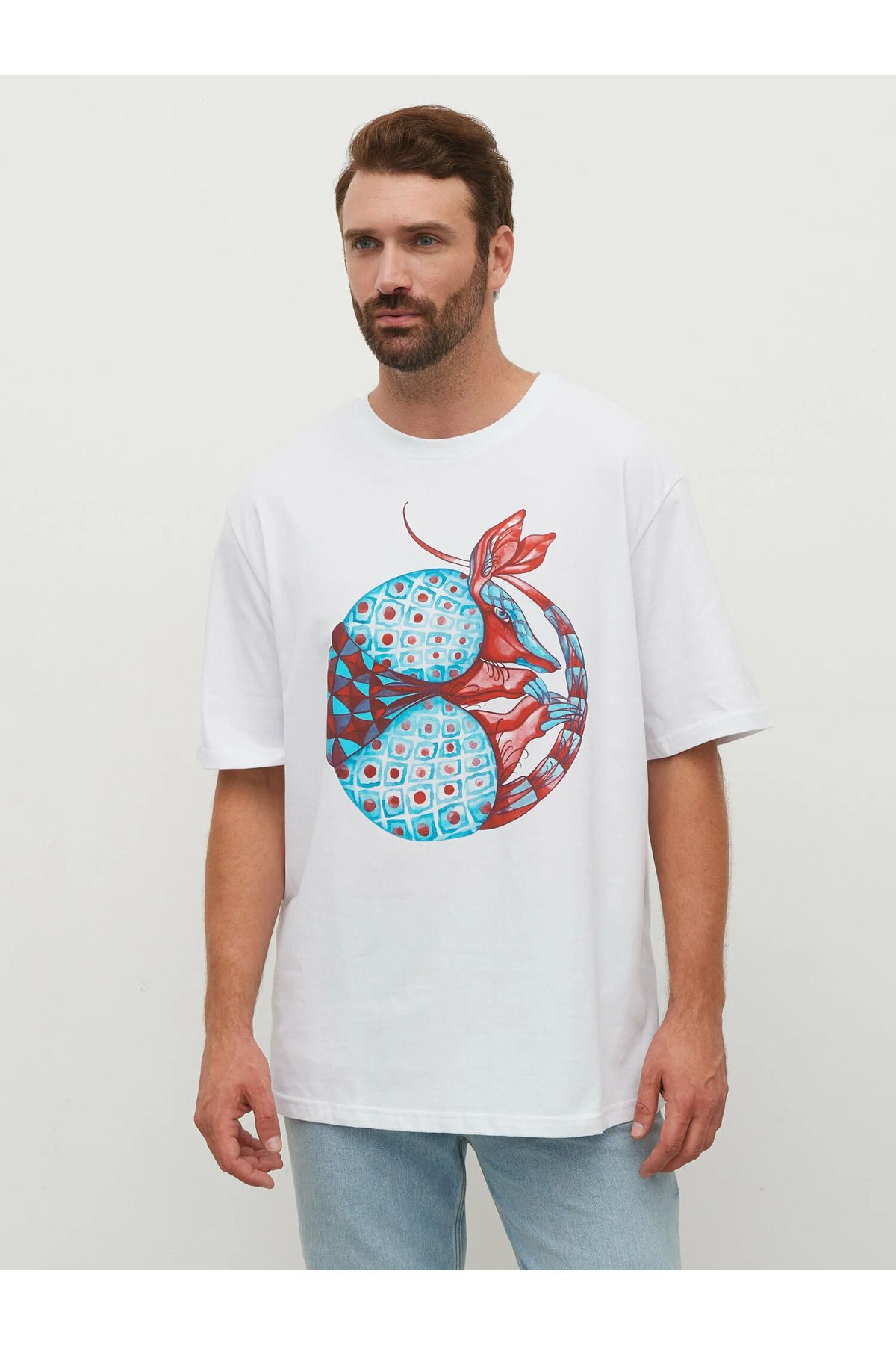 ELNOYA Unisex Pamuklu Beyaz Oversize Baskılı Minimalist Bisiklet Yaka Rahat T-shirt
