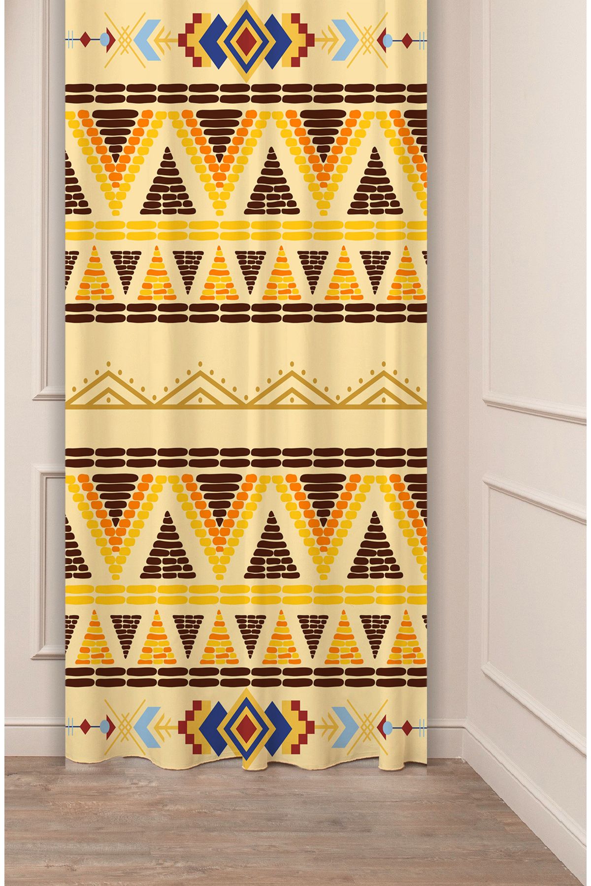 GREENDECOR Ertik Anadolu Motif Eski Tarz Geometrik Çizgi Özel Tasarım Dijital Baskılı (Tek Kanat) Şık Fon Perde