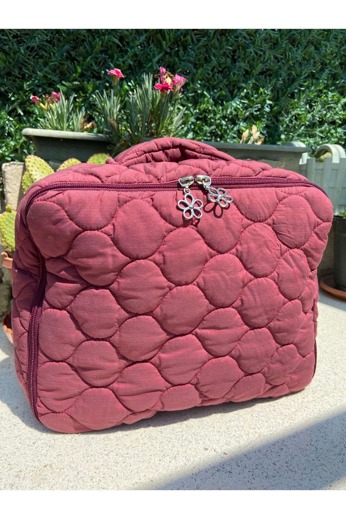 Cream Bordo Kapitoneli Seyahat Valiz Bavul İçi Düzenleyici Hurç