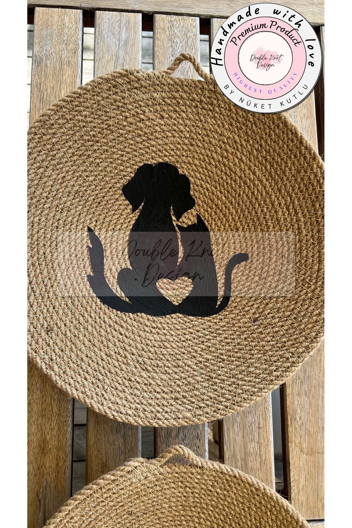 DOUBLE KNOT DESİGN Jüt Duvar Sanatı 3lü Hasır Duvar Tabağı Kedi Kuş Köpek Temalı Hediyelik Dekoratif Şık Ev dekorasyon