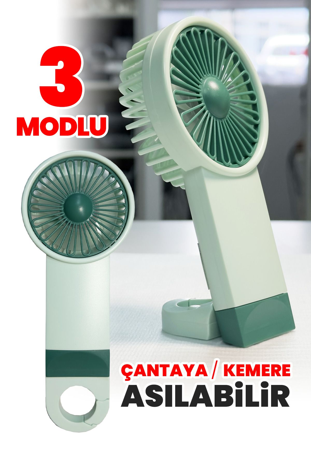 Aksesuarcı Şarjlı Mini El Fanı Standlı Çantaya Kemere Asılabilir, 3 Modlu Güçlü Serinletici Vantilatör Pervane