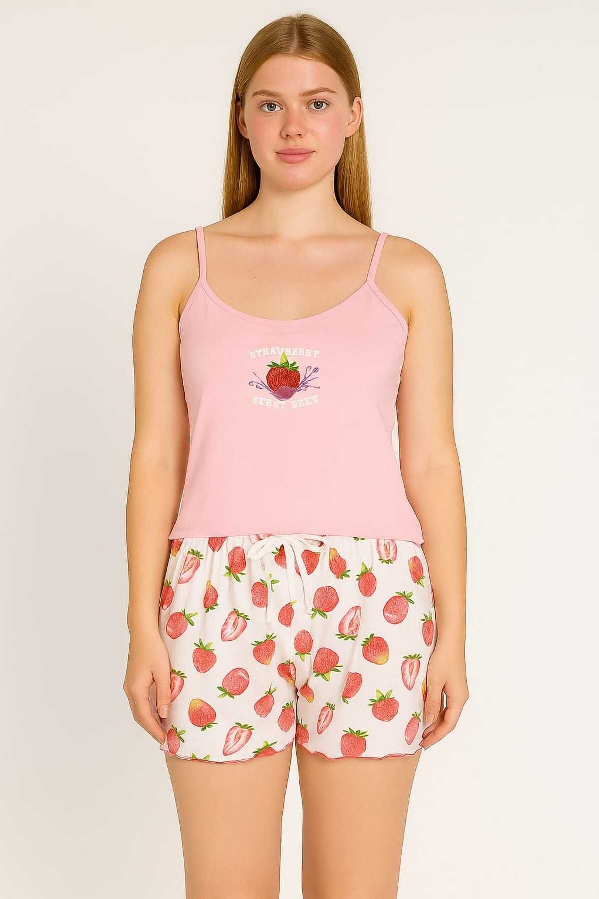 unbranded Pembe Çilek Desenli Askılı Şortlu Pijama Takımı