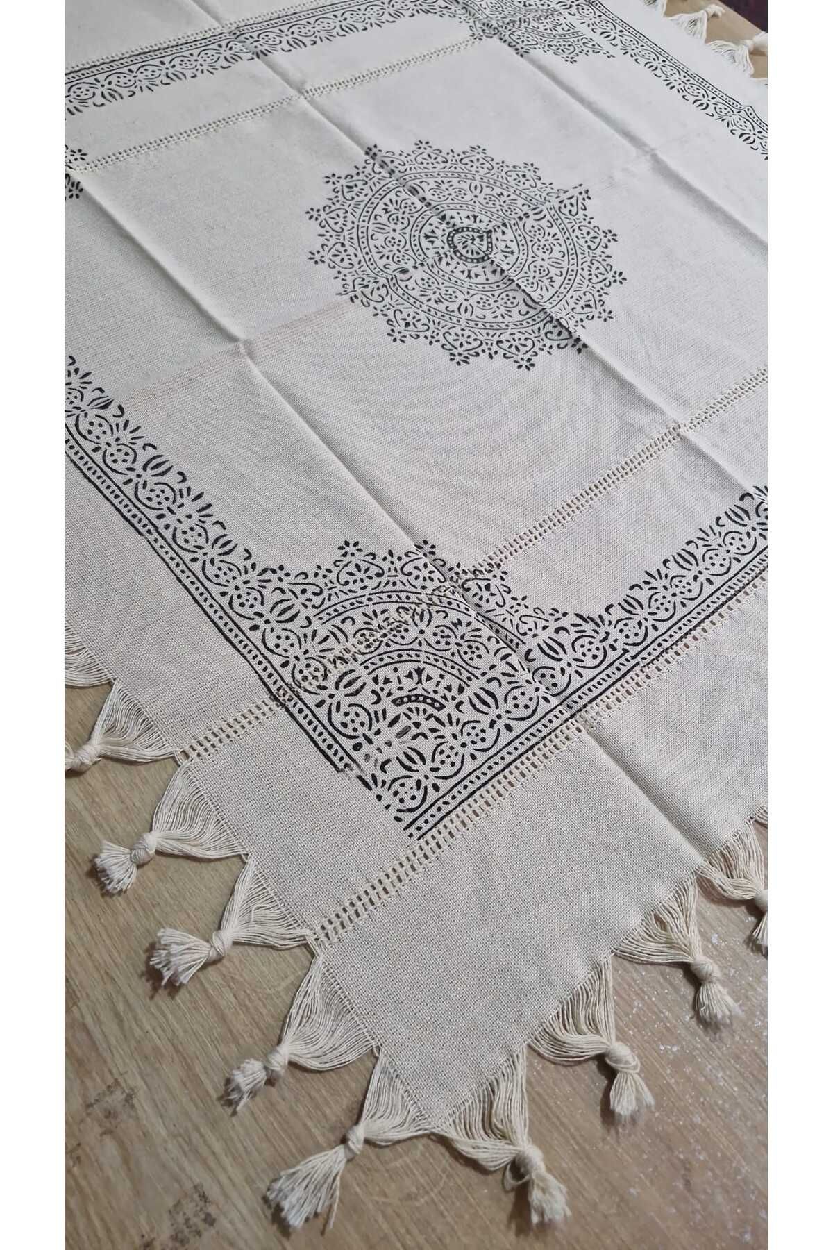 ZEYNO HOME TEKSTİL %100 Pamuklu Keten Kumaş Otantik Desenli Püsküllü Fiskos Örtüsü ( Çok Amaçlı )