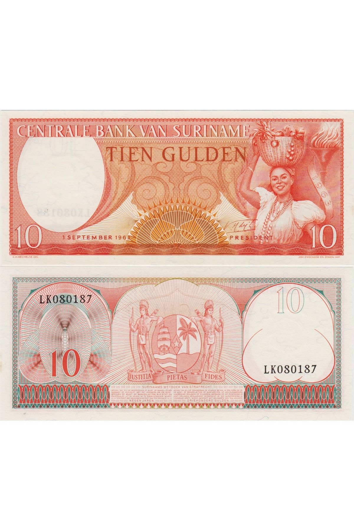 Banknoting SURİNAM 10 GULDEN 1963 ÇİL KONDİSYON.