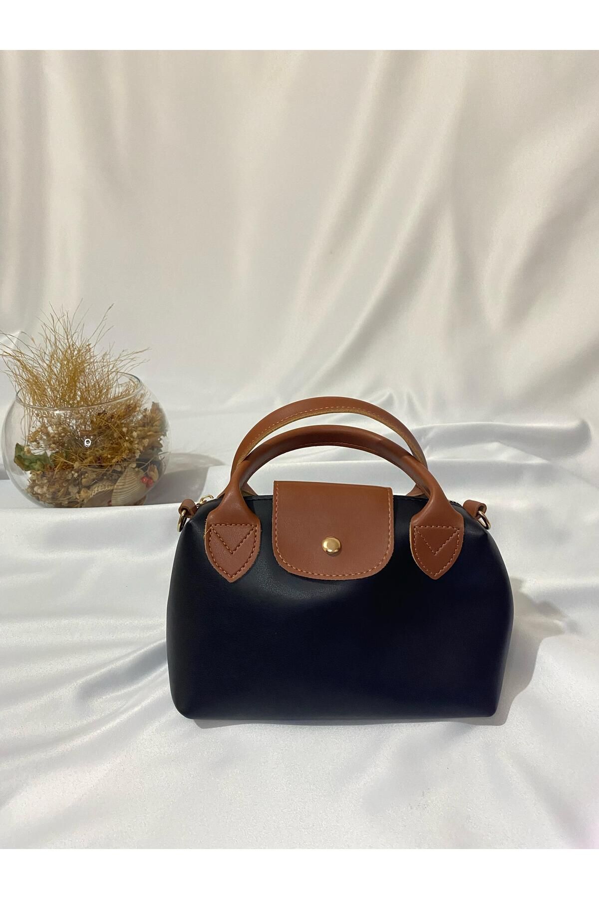 Liel Bags Kahverengi Detaylı Siyah Mini El ve Omuz Çantası