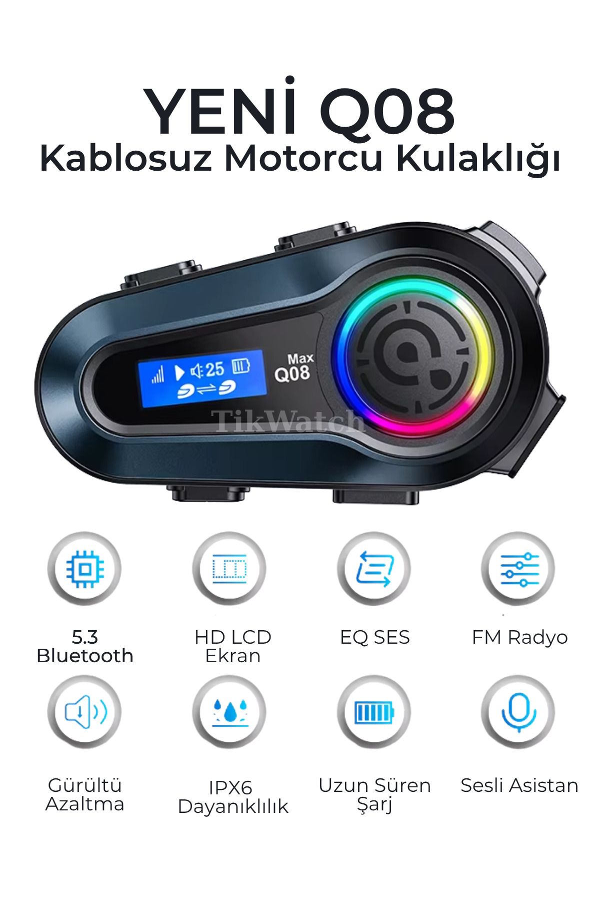 TİKWATCH Motosiklet Kablosuz Kask Kulaklık interkom 5.3 LCD Ekranlı Işıklı Interkom