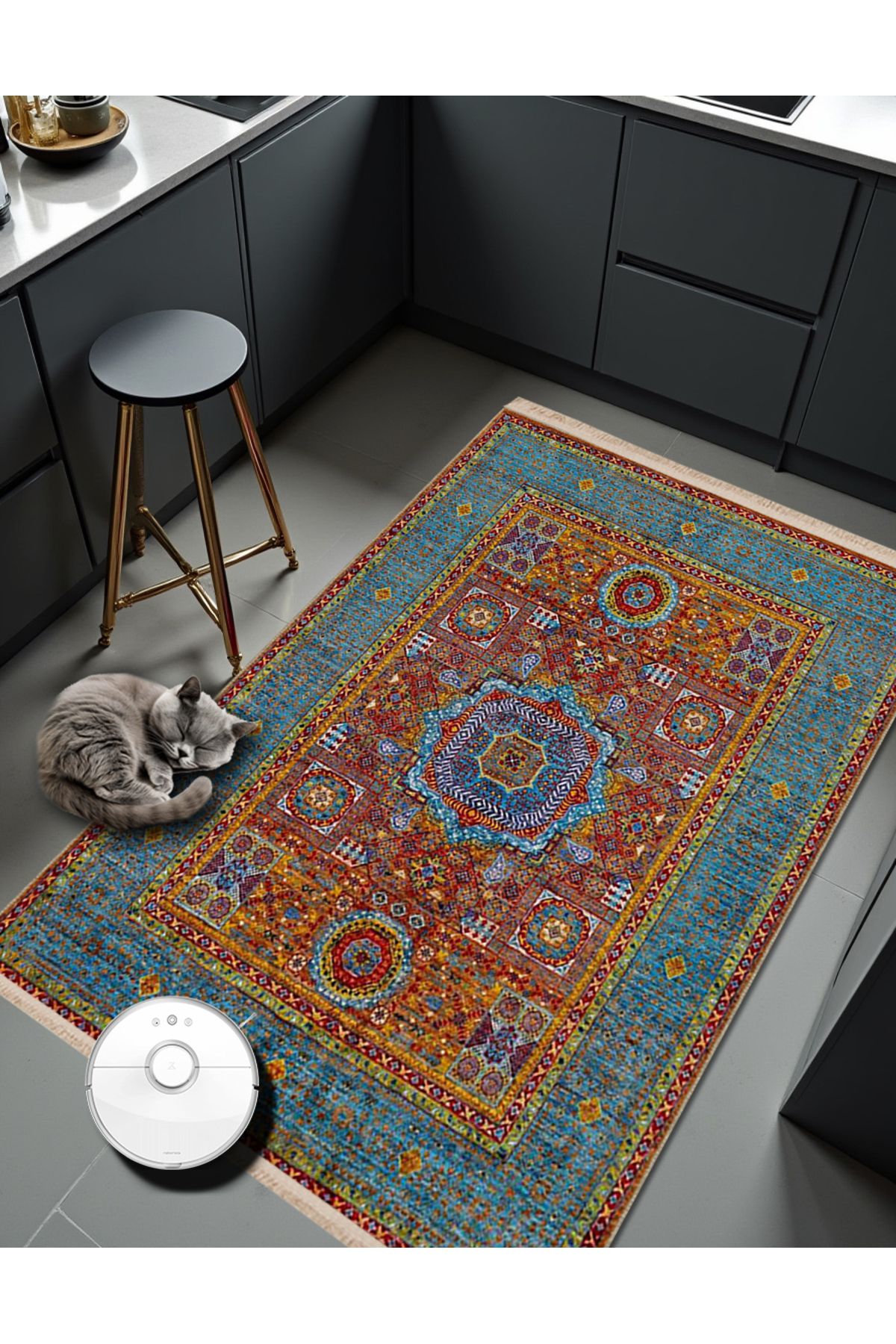 Rugs Modern Halı Leyla Koleksiyonu Mavi Bordür Detaylı Geleneksel Desenli Dokuma Taban Modern Dekoratif Halı leyla87