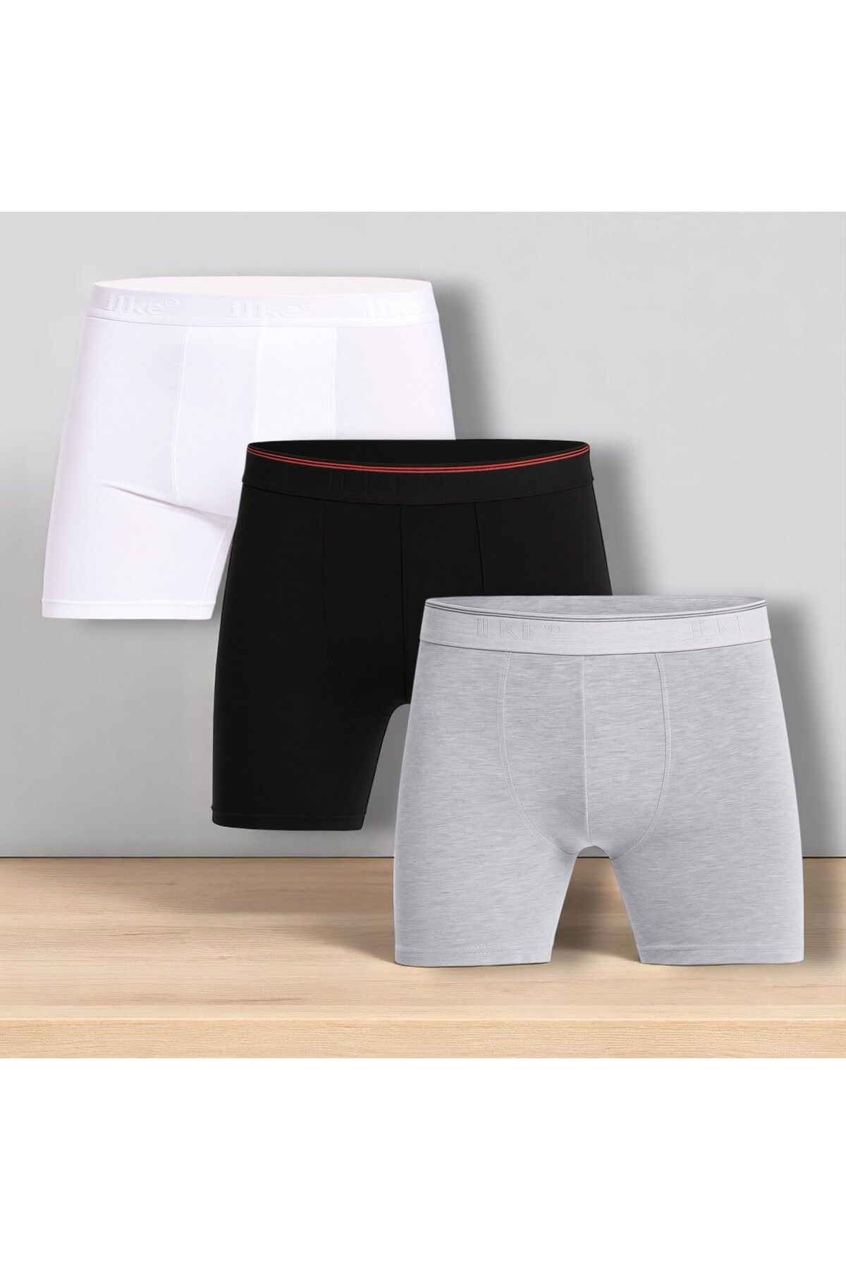 QKK Erkek Pamuklu Likralı Uzun Paça Siyah-Gri-Beyaz 3'lü Boxer