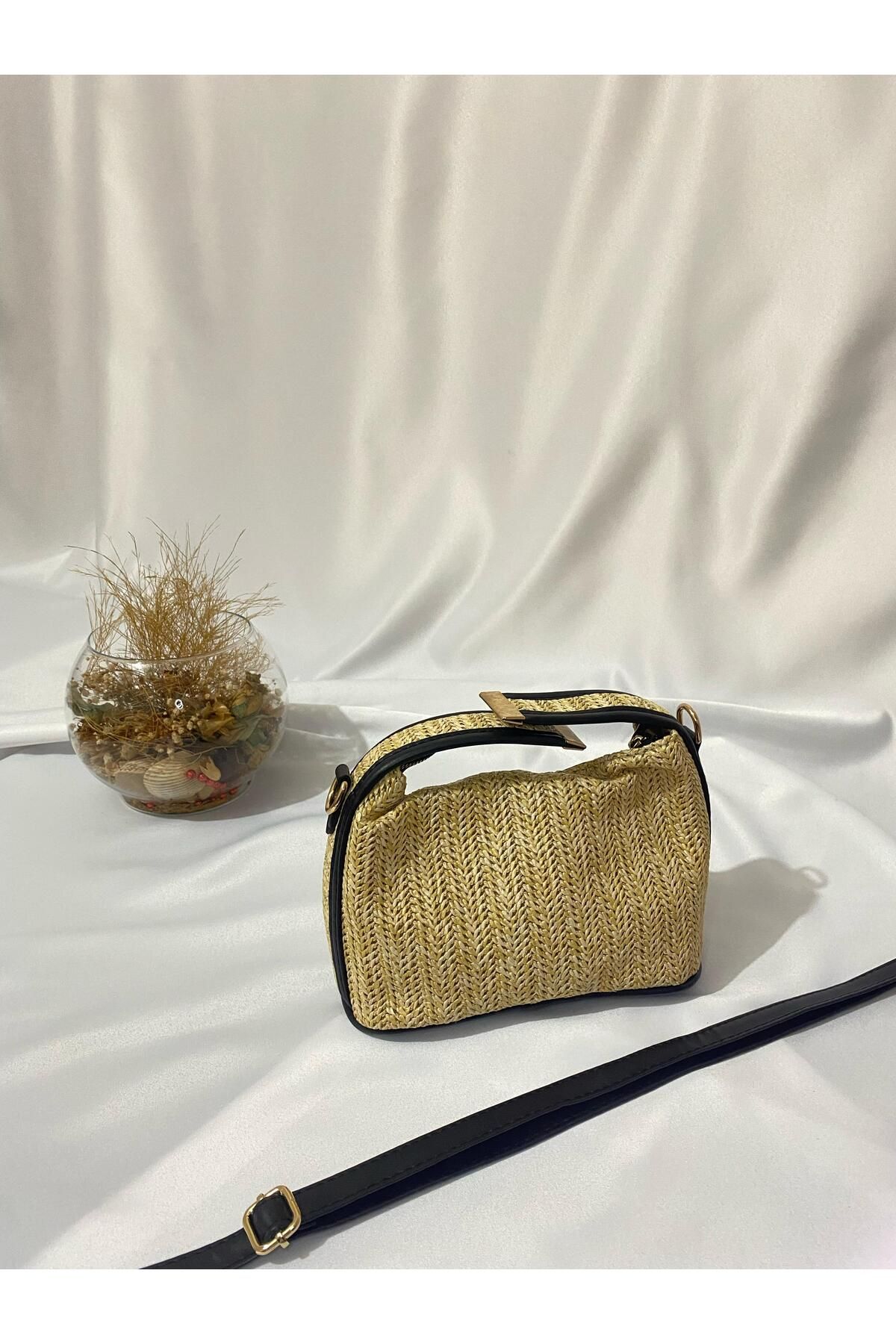 Liel Bags Siyah Detaylı Hasır El ve Omuz Çantası