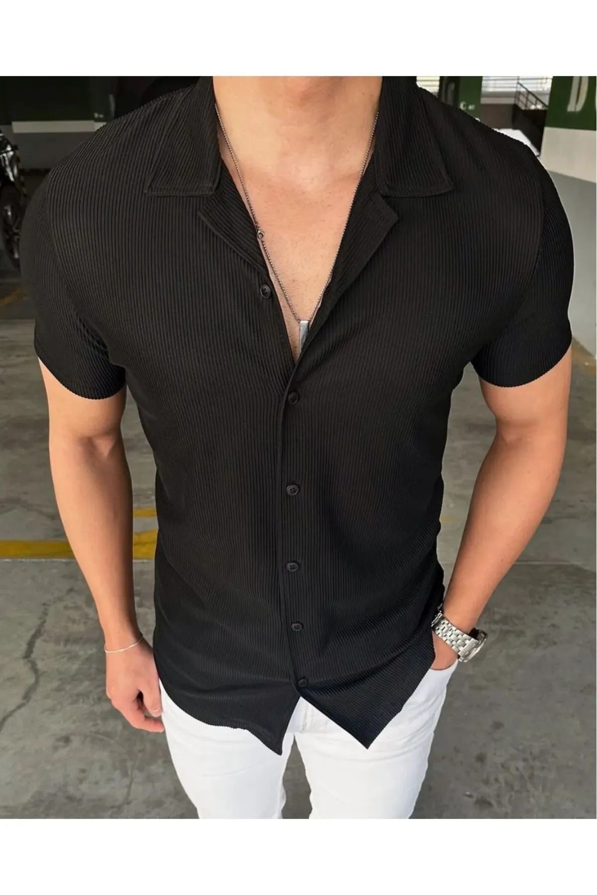 PEYORA Erkek Dokulu Fitilli Oversize Kısa Kol Gömlek