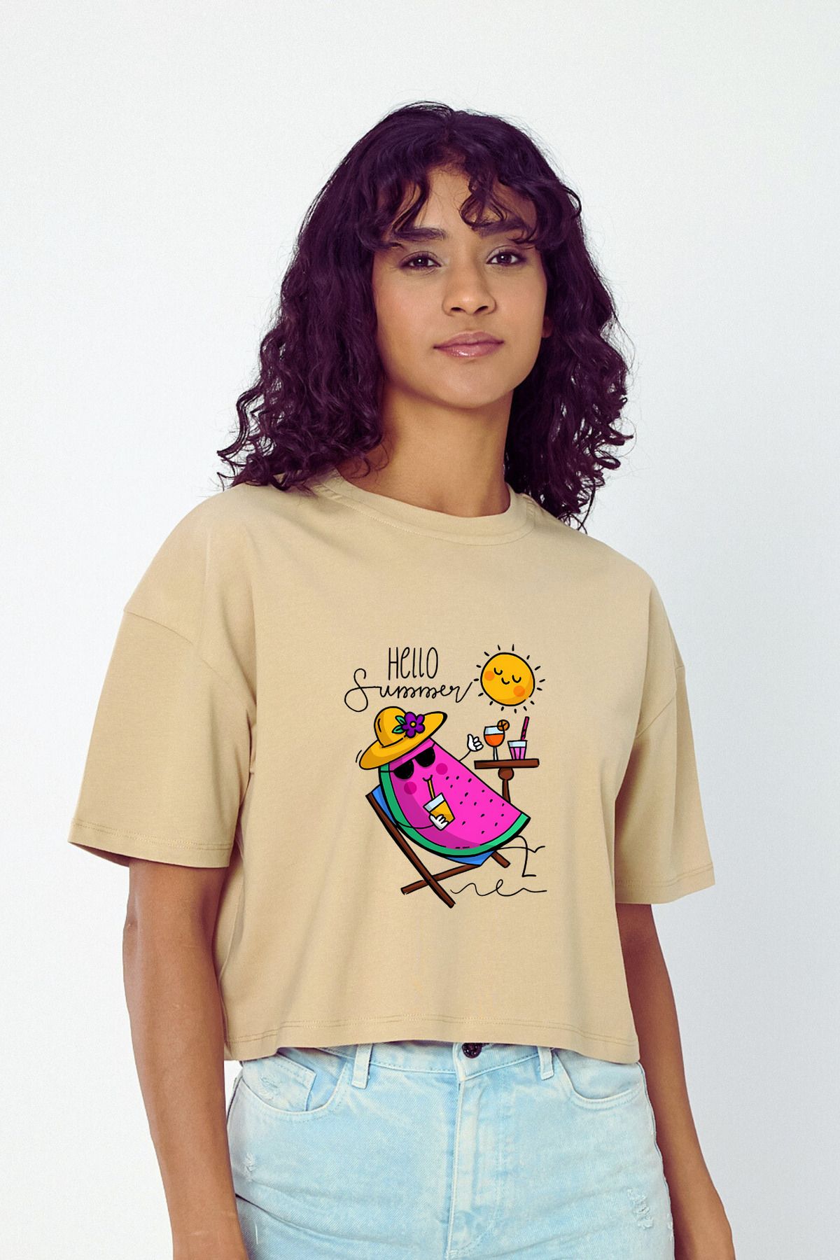 Windy Island Kadın Bisiklet Yaka Hello Summer Baskılı Crop T-shirt