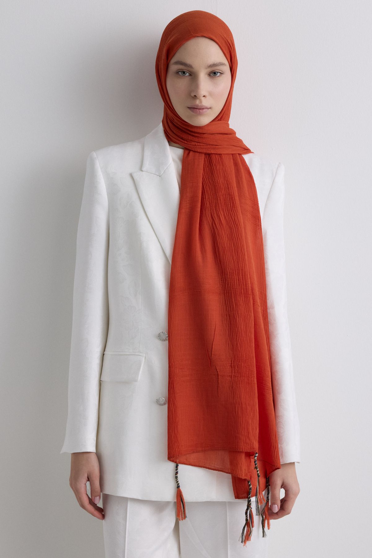 FENZA SCARF Püsküllü %50 Pamuk Brice Şal - Kırmızı Turuncu