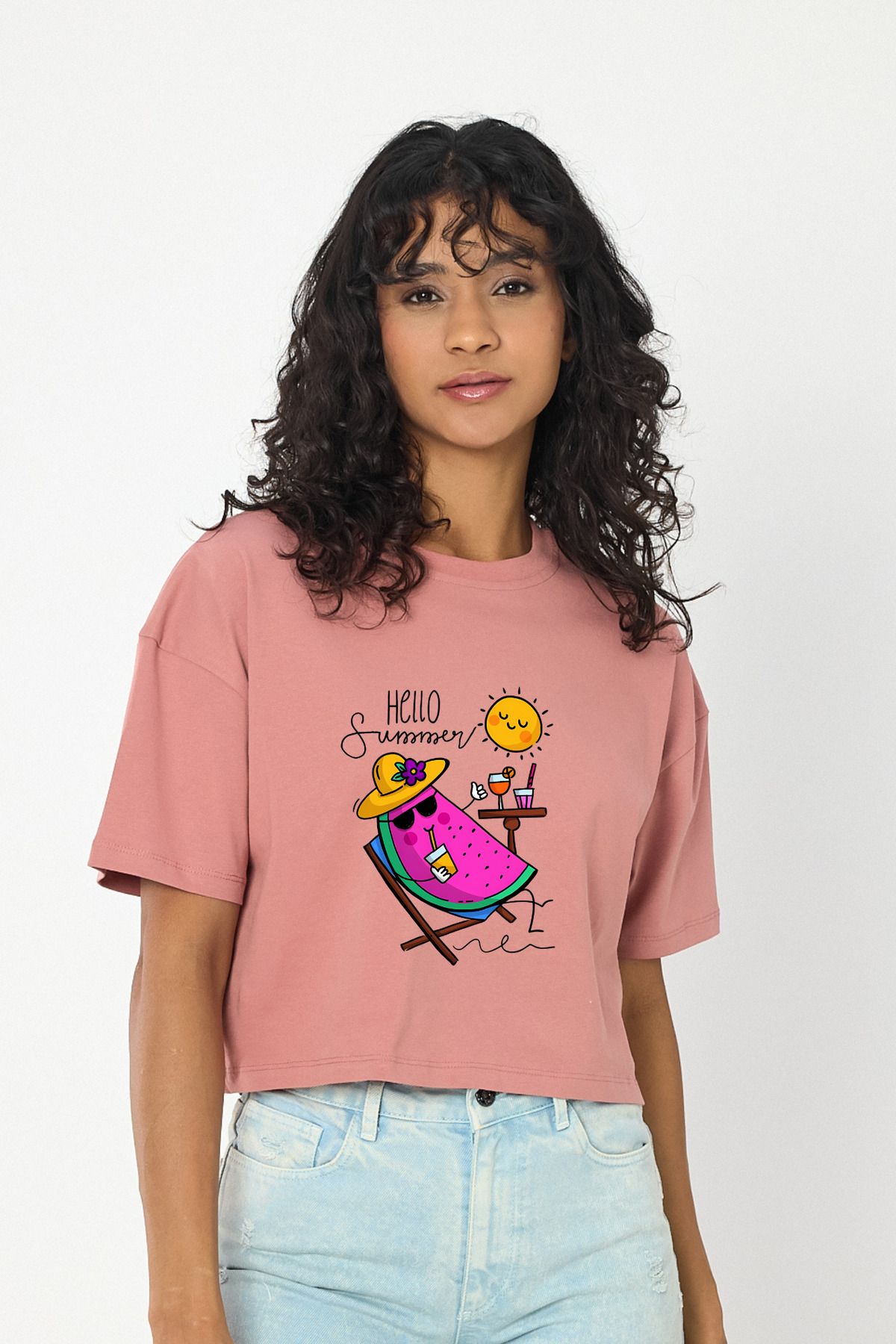Windy Island Kadın Bisiklet Yaka Hello Summer Baskılı Crop T-shirt