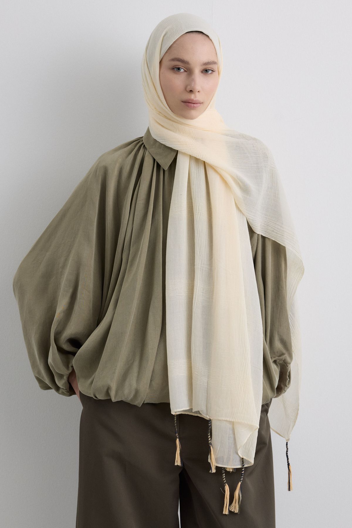 FENZA SCARF Püsküllü %50 Pamuk Brice Şal - Krem