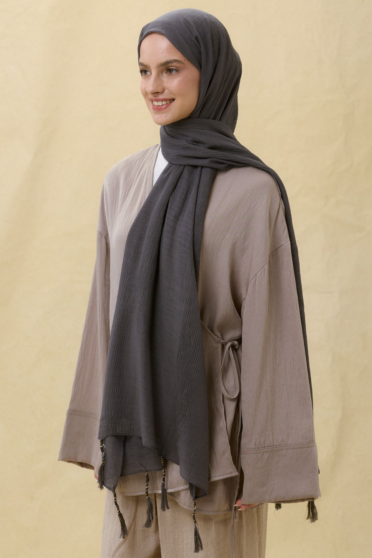 FENZA SCARF Püsküllü %50 Pamuk Brice Şal - Füme