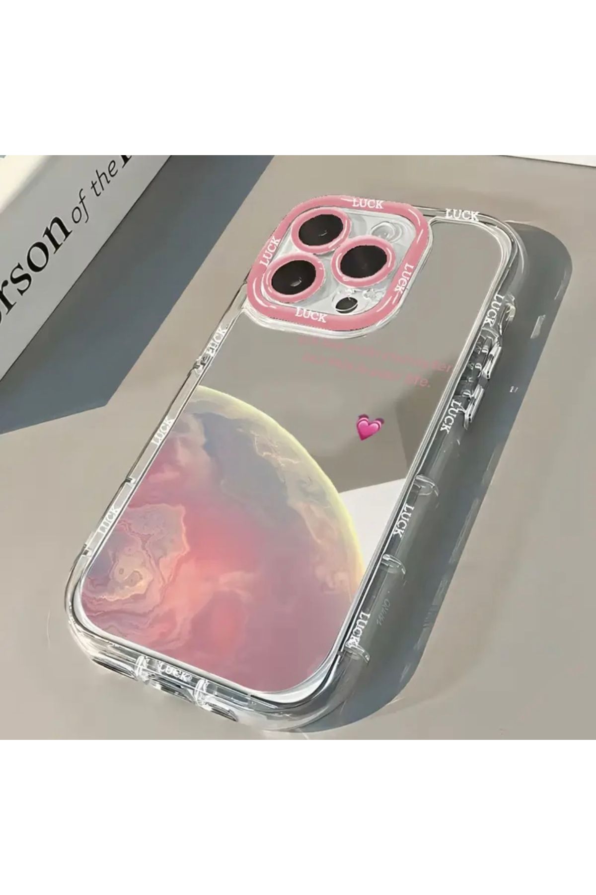 Tasarım İPhone 13/14 uyumlu telefon kılıfı aynalı telefon kılıfı pembe şans yazılı kalpli telefon kılıfı