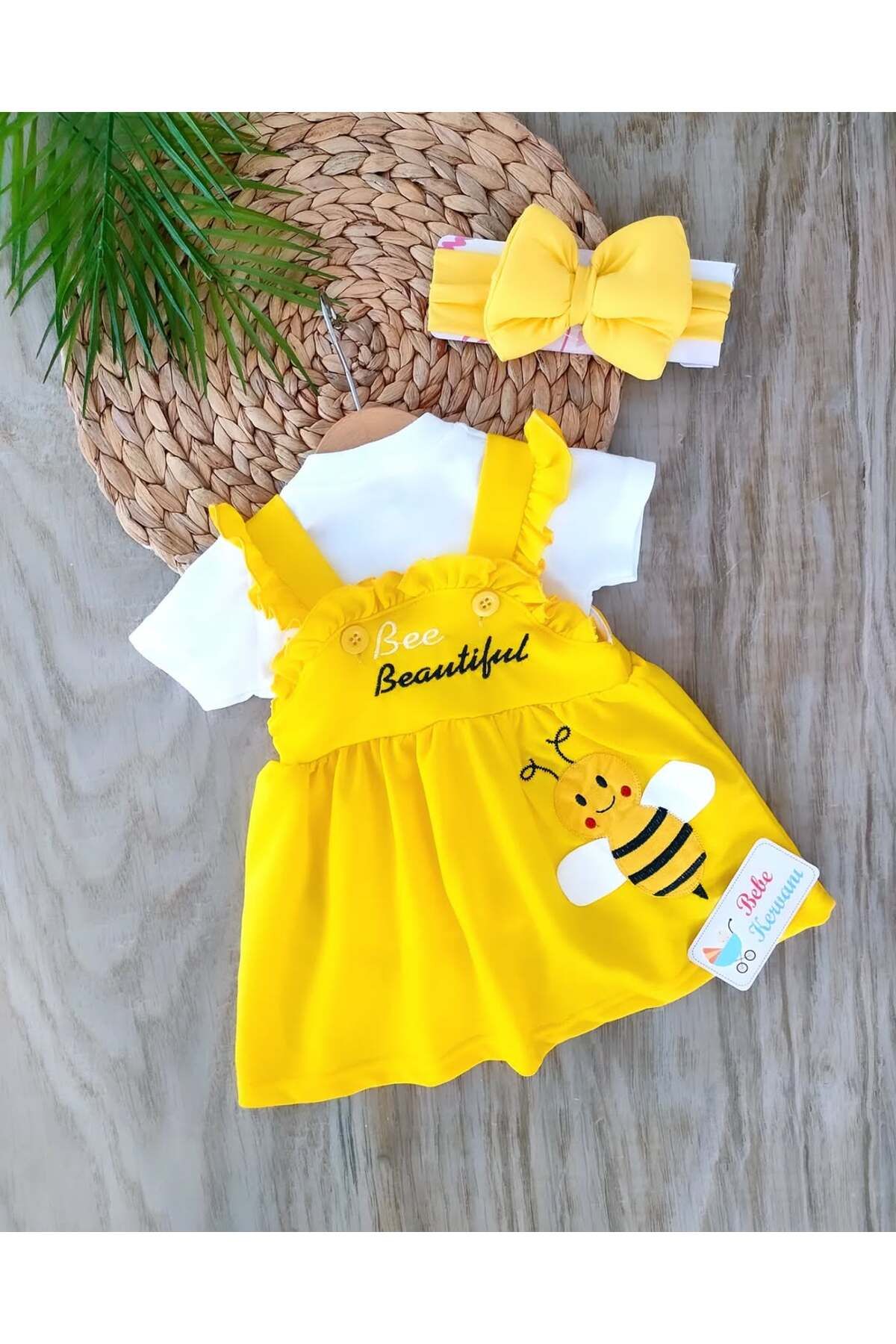 bebe kervanı Kız Bebek %100 Pamuklu Sarı Slopetli Kısa Kollu Elbise Takım BBK5771