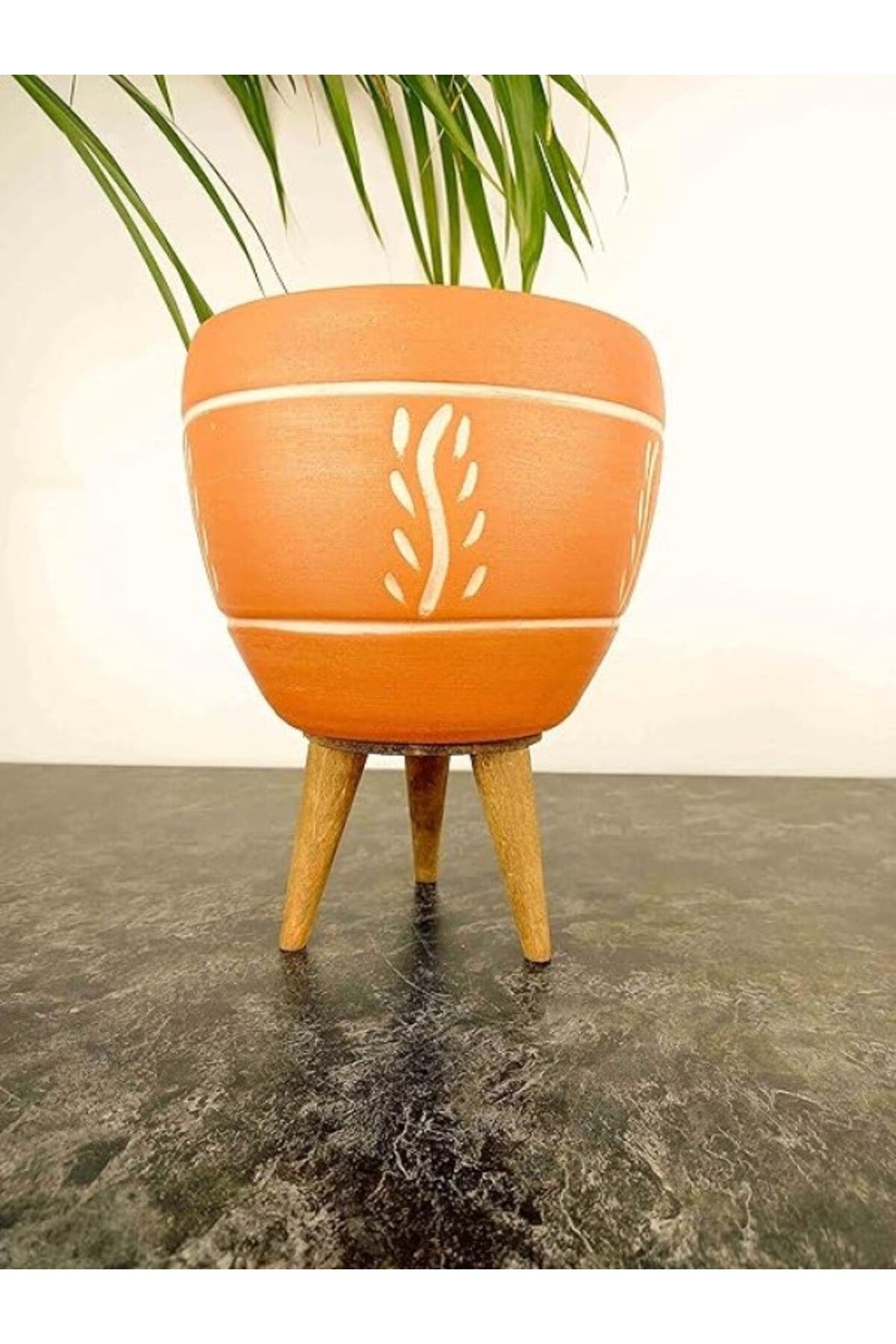 ShopZum Bitkitasarımı Bitki Tasarimi Doğal Beyaz Nakiş Desen Terrakota Toprak Saksi 3 Ayakli 15 Cm