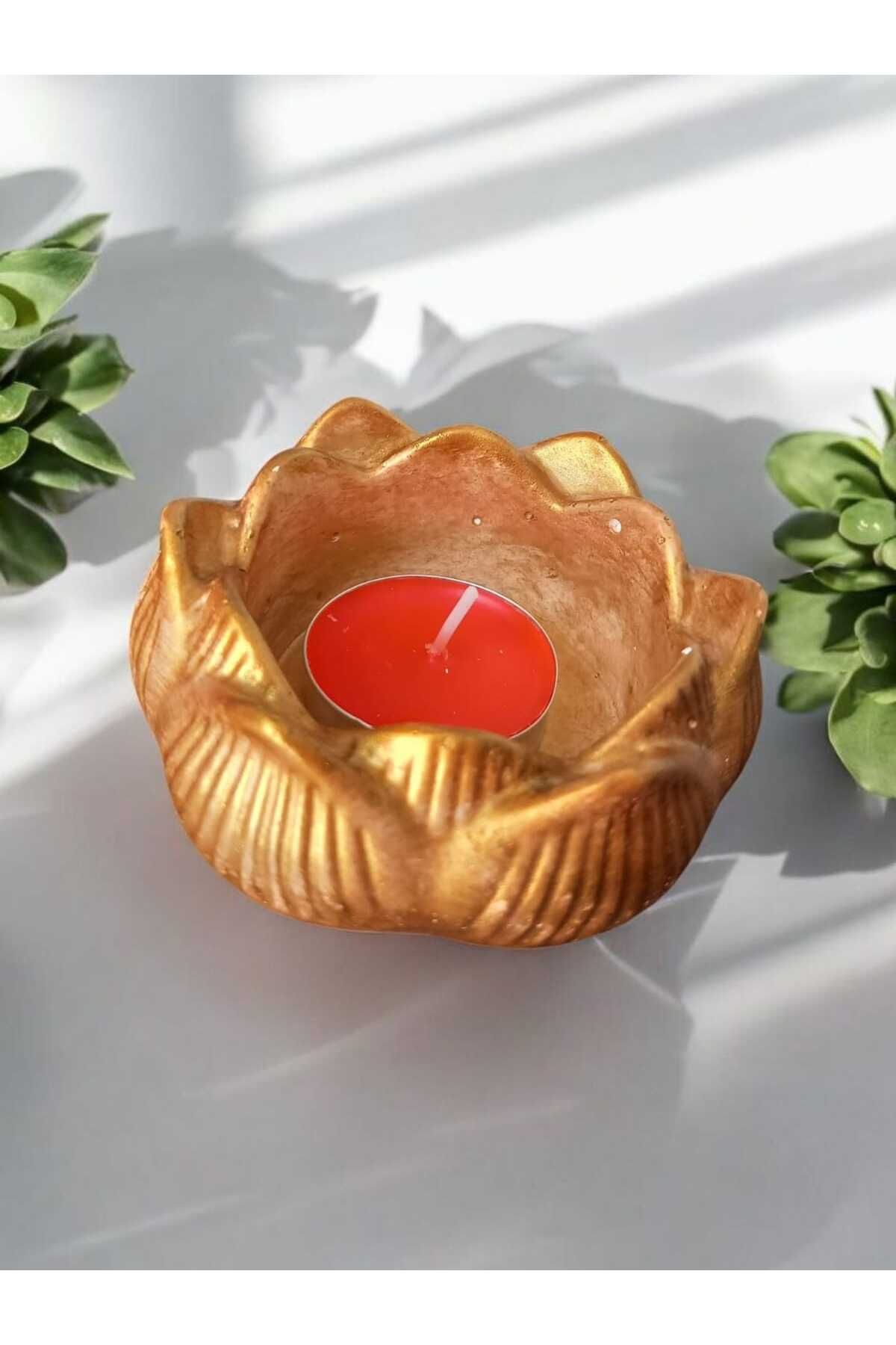 AYŞEM Gold Lotus Alçı Dekoratif Mumluk,Kase Hediyelik Biblo,Düğün,Söz,Nişan için Hediyelik