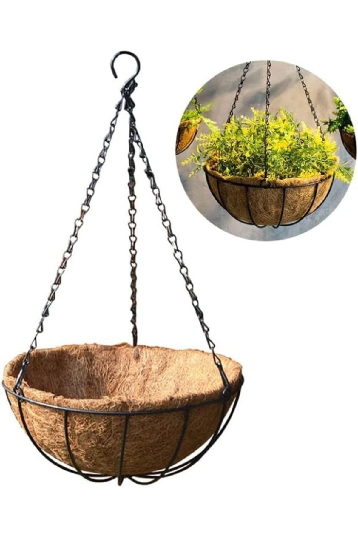 ShopZum 30 Cm Hindistan Cevizi Asılı Metal Askılı Hasır Coco, Asma Çiçek Sepeti, Saksı Ev, Balkon