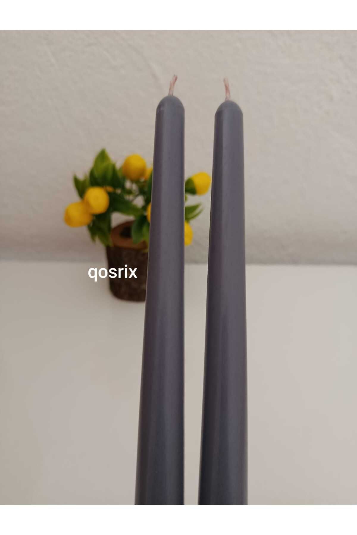 qosrix 2'li Gri Şamdan Soya Mumu 1. Kalite Soya Doğal Vanilya Kokulu Uzun Çubuk Konik Mum Dekoratif