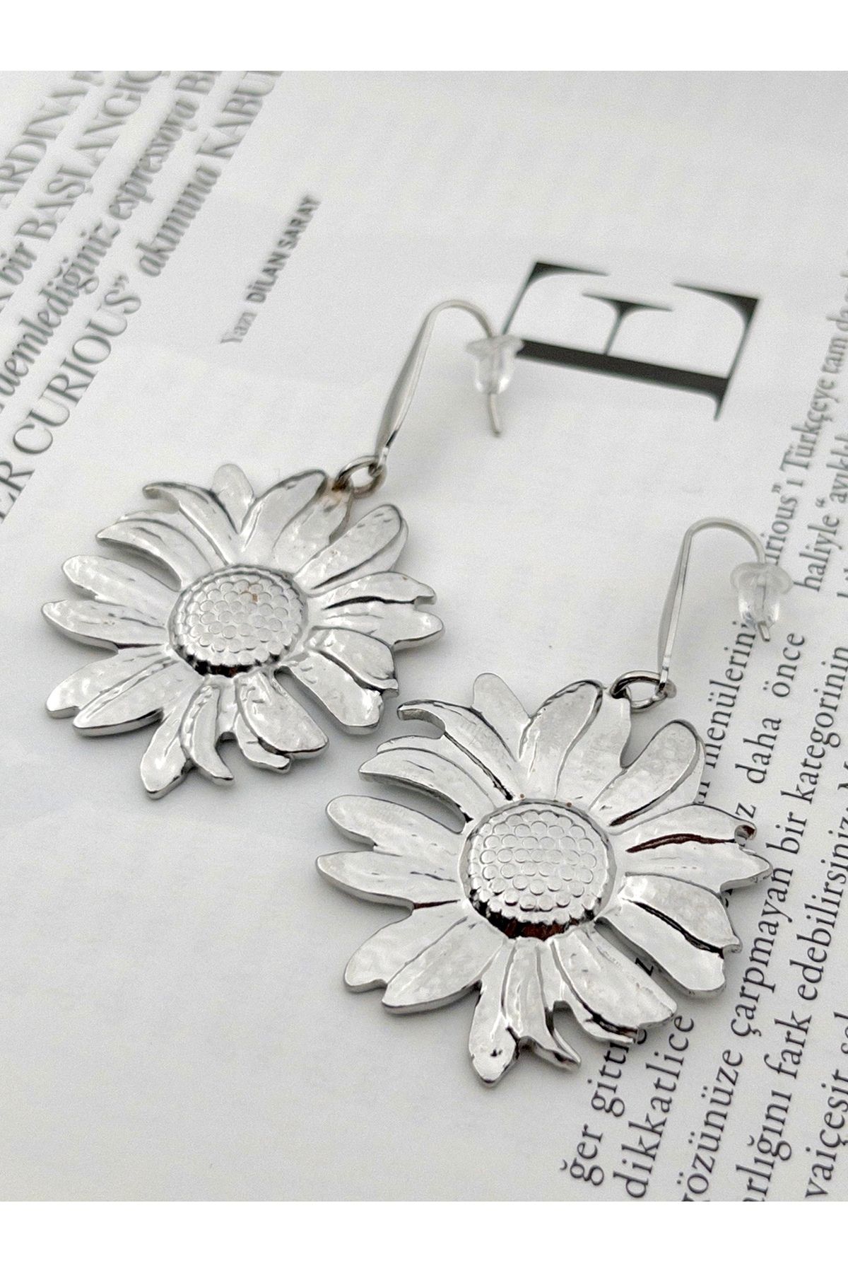 Siya Silver Ay Çiçeği Tasarım Kararmaz Çelik Uzun Küpe - 5,8 cm