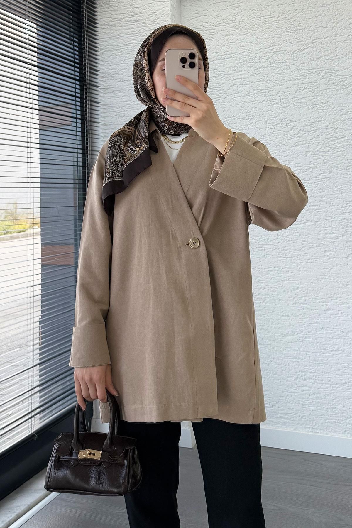 MELEK ARAZ Düğme Detaylı Keten Kimono – Vİzon