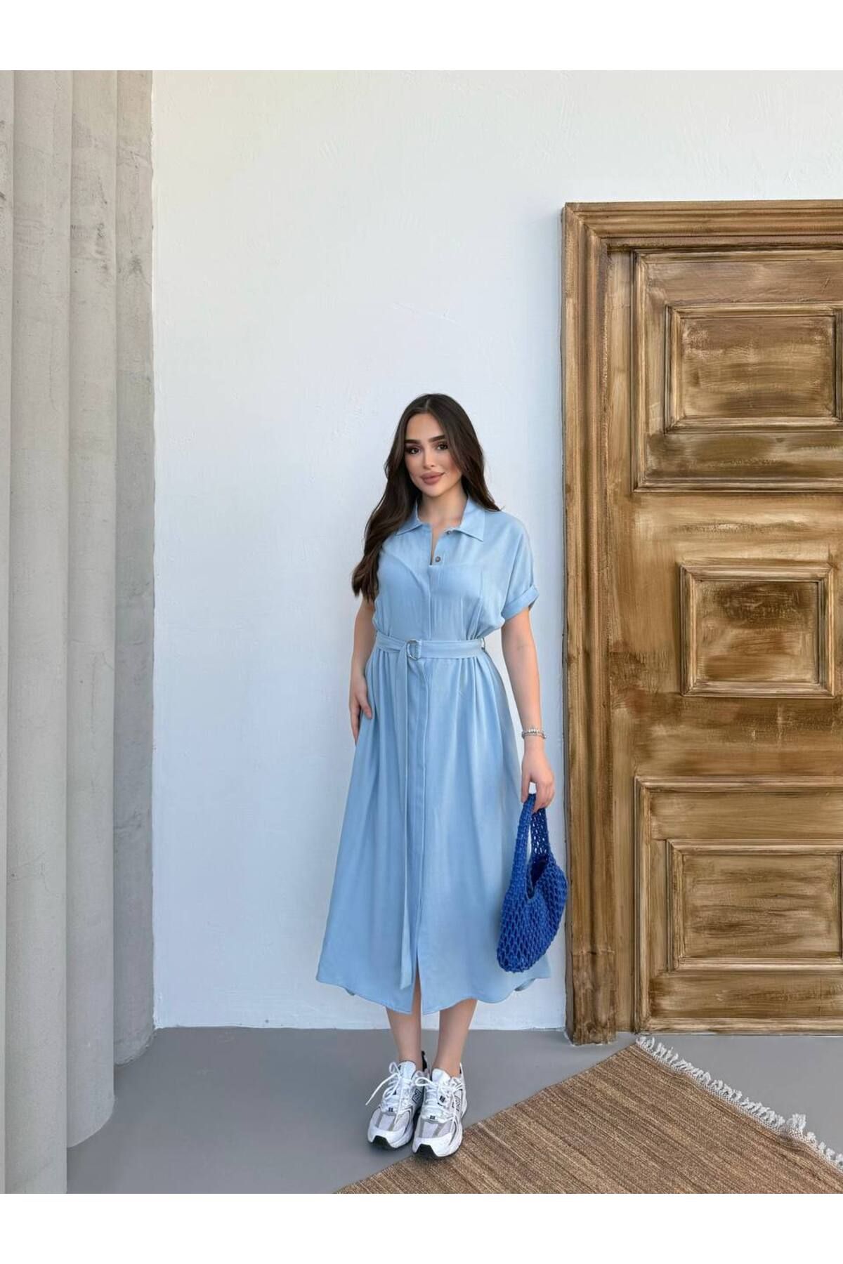 moda paketi Keten Midi Boy Kemerli Elbise