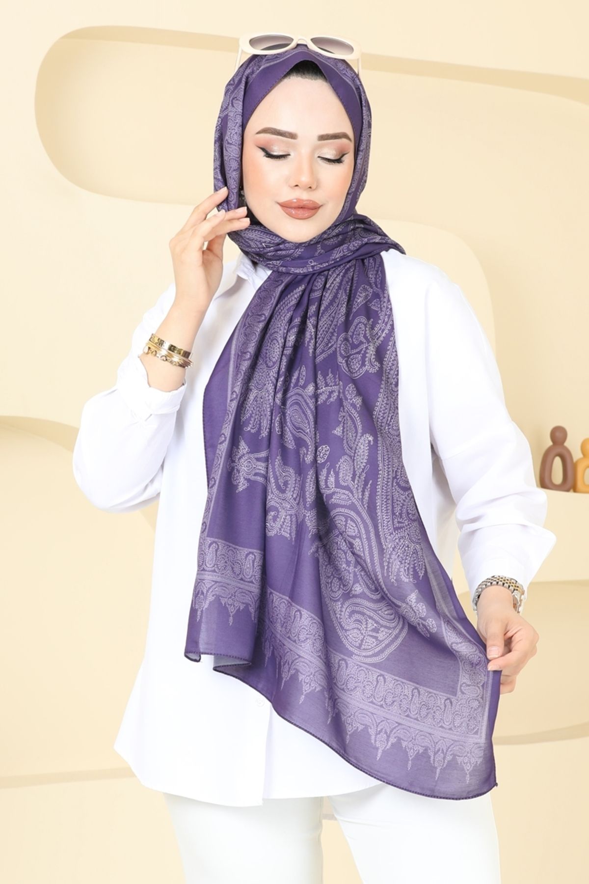 Modaselvim Etnik Desen Soft Şal Serisi 148IPK758 Koyu Lila