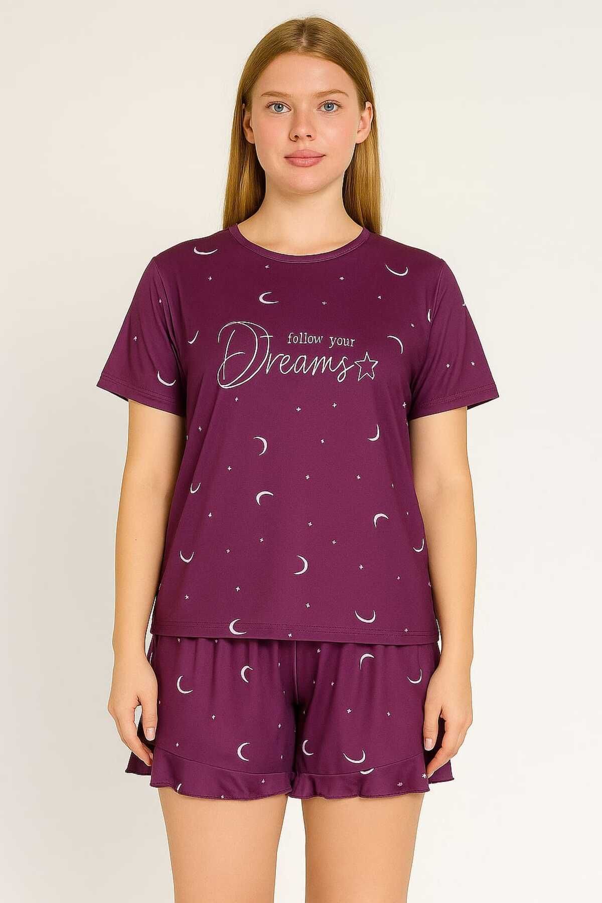 unbranded Mor Ay Desenli Kısa Kollu Şortlu Pijama Takımı