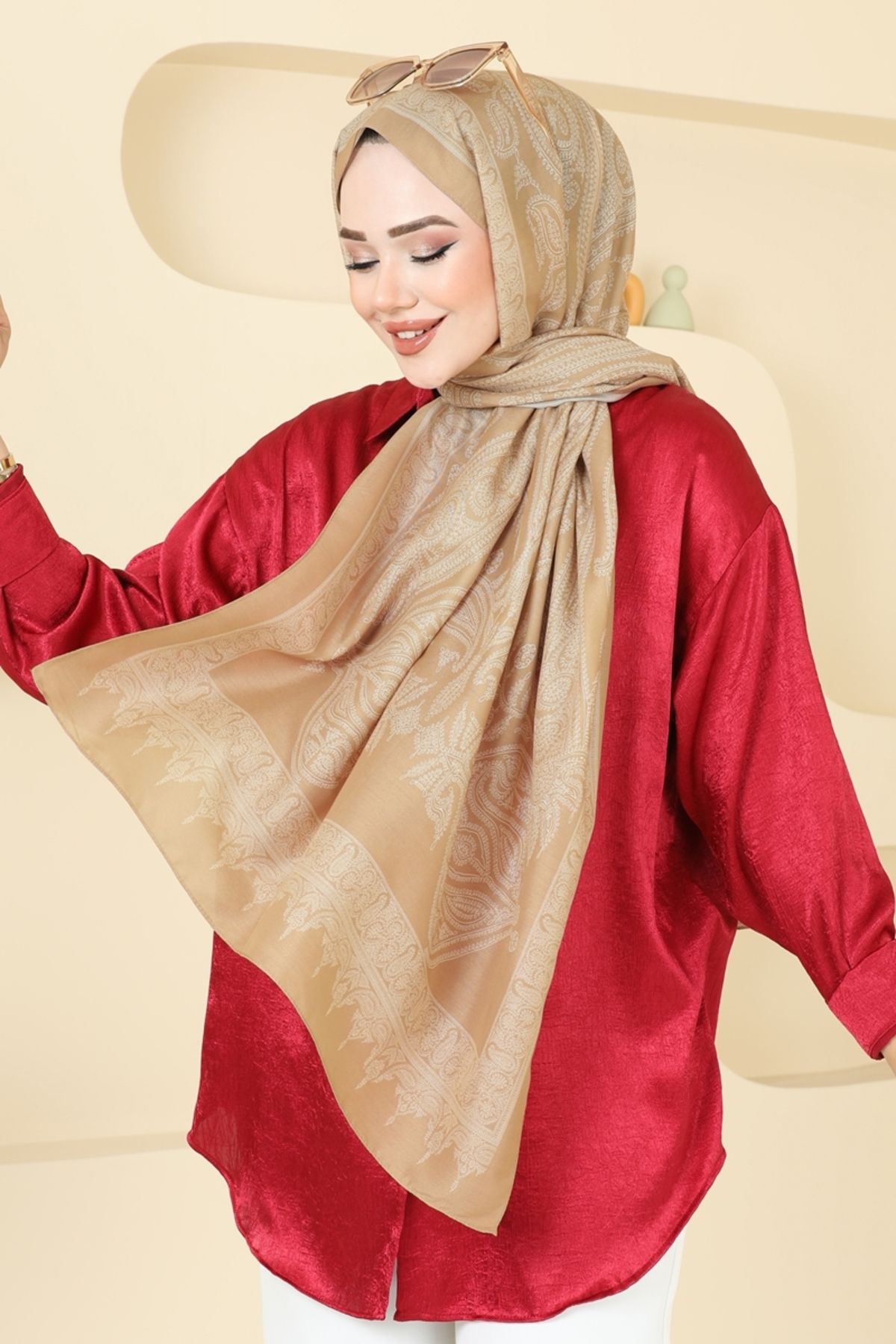 Modaselvim Etnik Desen Soft Şal Serisi 148IPK758 Latte